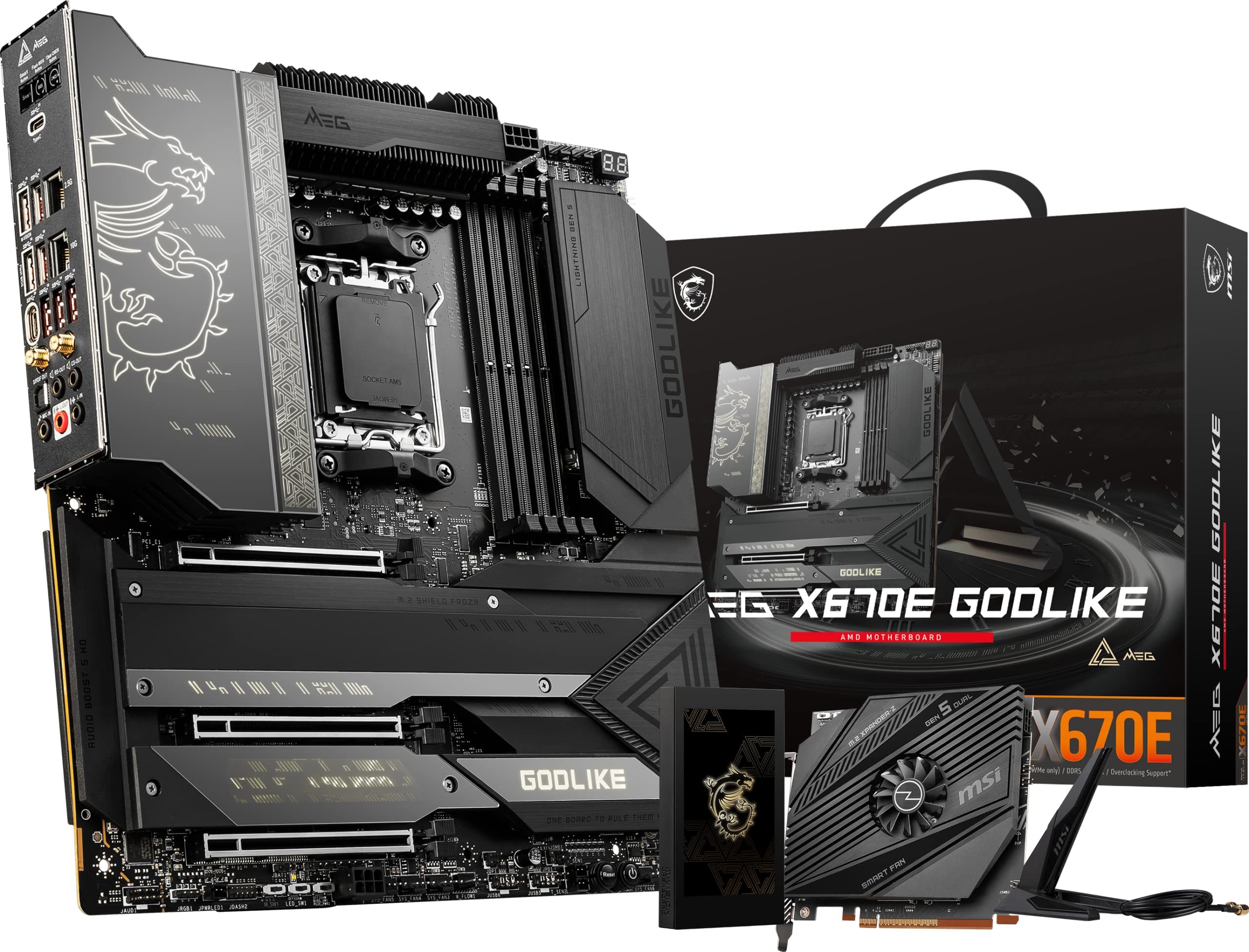 خرید از آمازون - مادربرد گیمینگ MSI MEG X670E GODLIKE (AMD AM5, DDR5, PCIe 5.0, SATA 6Gb/s, M.2, USB 3.2 Gen 2, Wi-Fi 6E, HDMI/DP, Dual LAN, SLI, EATX) EATX MEG X670E GODLIKE