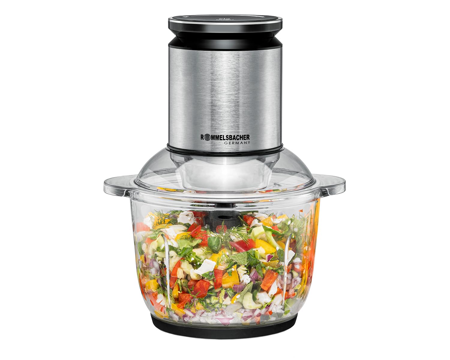 ROMMELSBACHER Multi Chopper MZ 600، ظرف شیشه ای 2.0 لیتری، کنترل سرعت 22 مرحله ای، موتور قدرتمند، چاقوی مخصوص فولاد ضد زنگ 6 تیغه، محور چاقو و جفت موتور ساخته شده از فولاد ضد زنگ