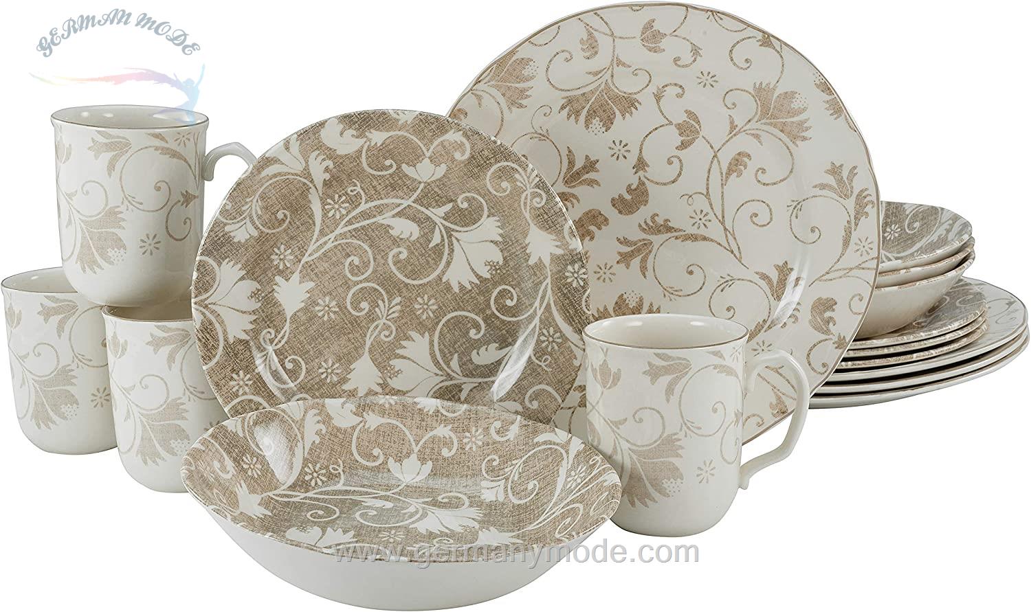 سرویس غذاخوری سفالی 16 پارچه 4 نفره کراتیبل CreaTable Kombiservice Damask 16-tlg. beige-weiß