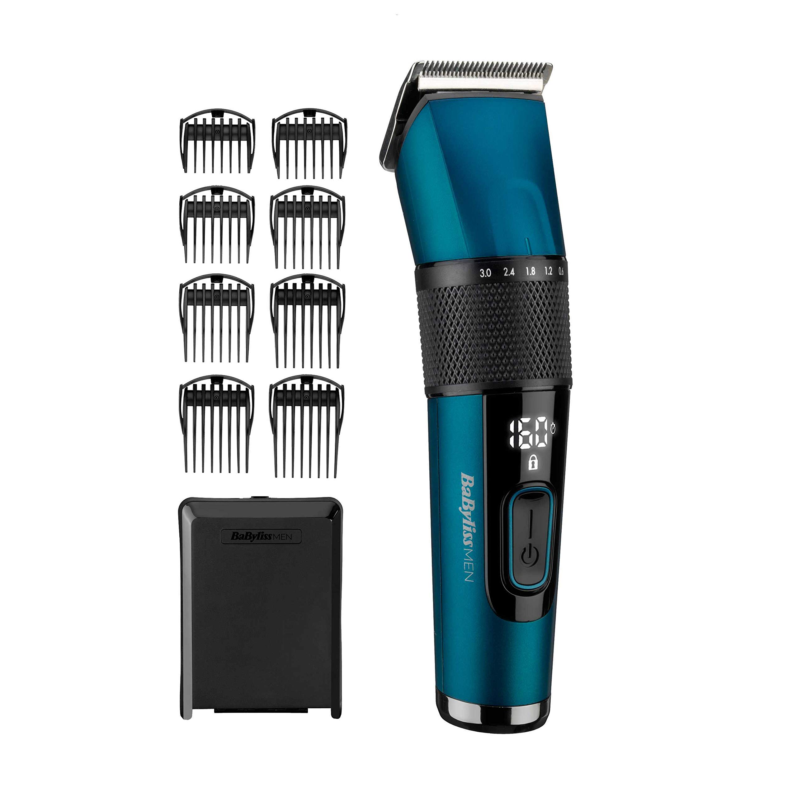 ماشین اصلاح سر و بدن بابیلیس فرانسه - گیره موی دیجیتال استیل ژاپنی BaByliss E990E با 45 تنظیم طول از طریق چرخ چرخشی و 8 ضمیمه شانه، بی سیم، 160 دقیقه زمان اجرا، آبی، 1 عدد (بسته 1 عددی) تکی