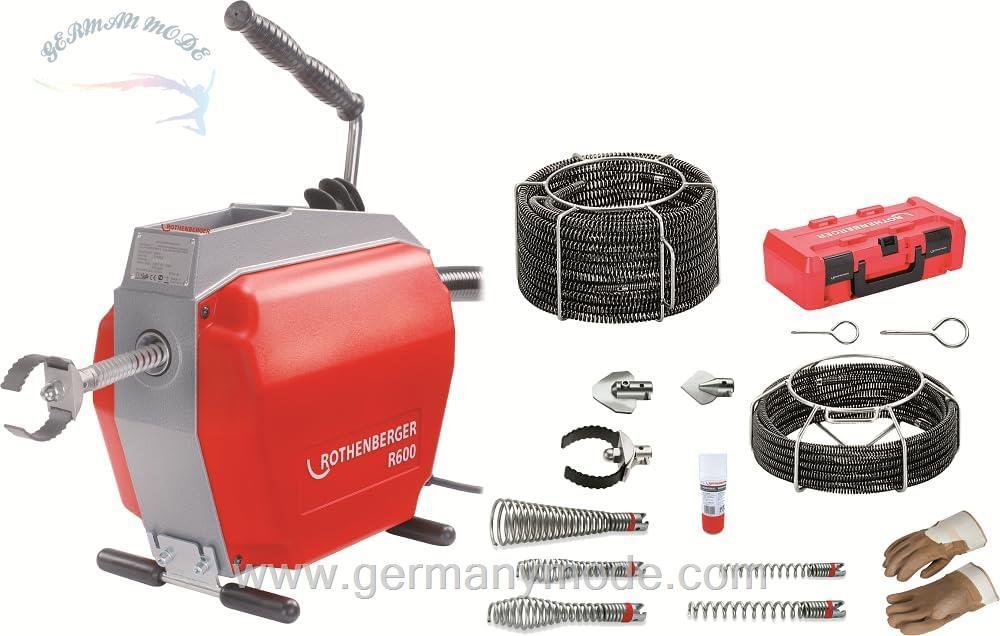 دستگاه لوله پاک کن تمیزکننده لوله با ابزار و مارپیچ روتنبرگر آلمان ROTHENBERGER R600 با مجموعه ابزار مارپیچ استاندارد 16mm-22mm، قطر محدوده کاری 40mm-150mm، 230V، 50Hz | 19173 | دستگاه برای تمیز کردن لوله