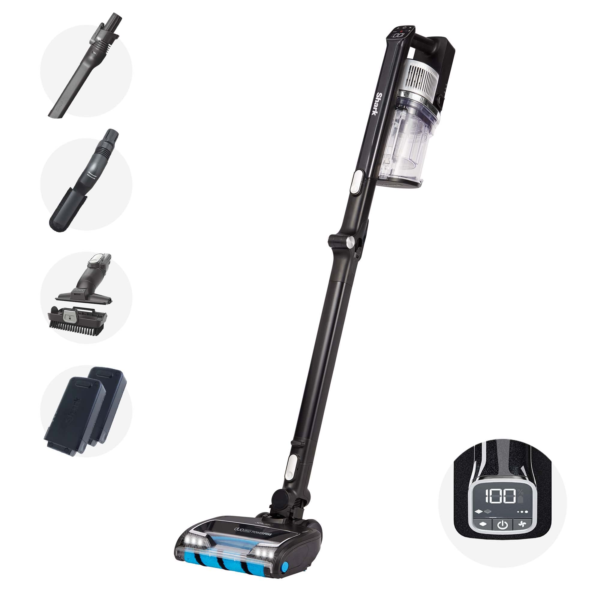 جارو شارژی شارک آمریکا بسته بندی ضد مو، مدت زمان کارکرد 120 دقیقه (2 باتری)، جارو شارژی DuoClean با اتصال چند سطحی و نازل شکاف 20 سانتی متری، برس ضد حساسیت، مشکی/نقره ای، IZ320EU
