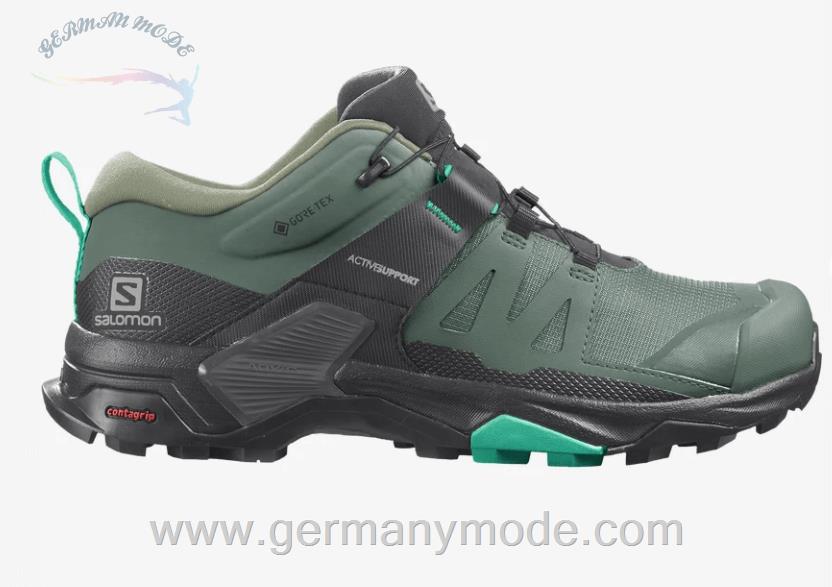 کتانی پیاده روی ضد آب زنانه سالامون فرانسه SALOMON X ULTRA 4 GORE TEX Hiking Halbschuhe Damen Duck Green Black Mint Leaf