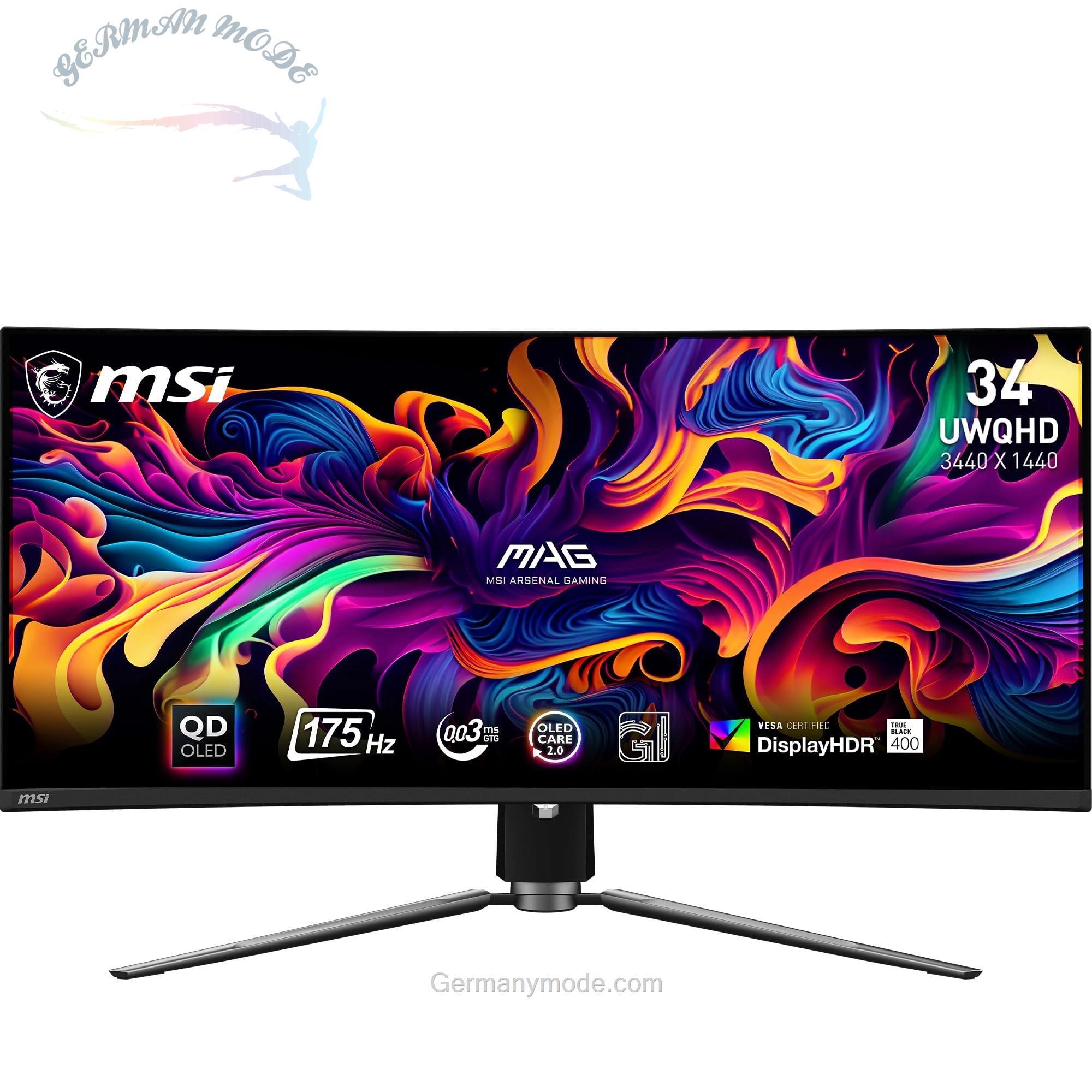 مانیتور گیمینگ منحنی MSI MAG 341CQP QD-OLED UWQHD 34 اینچی Zoll 1800R Quantum Dot OLED با وضوح 3440x1440 و نرخ نوسازی 175 هرتز / 0.03 میلی‌ثانیه، 99% DCI-P3، DisplayHDR True Black 400، KVM، DP 1.4a، HDMI 2.1، USB