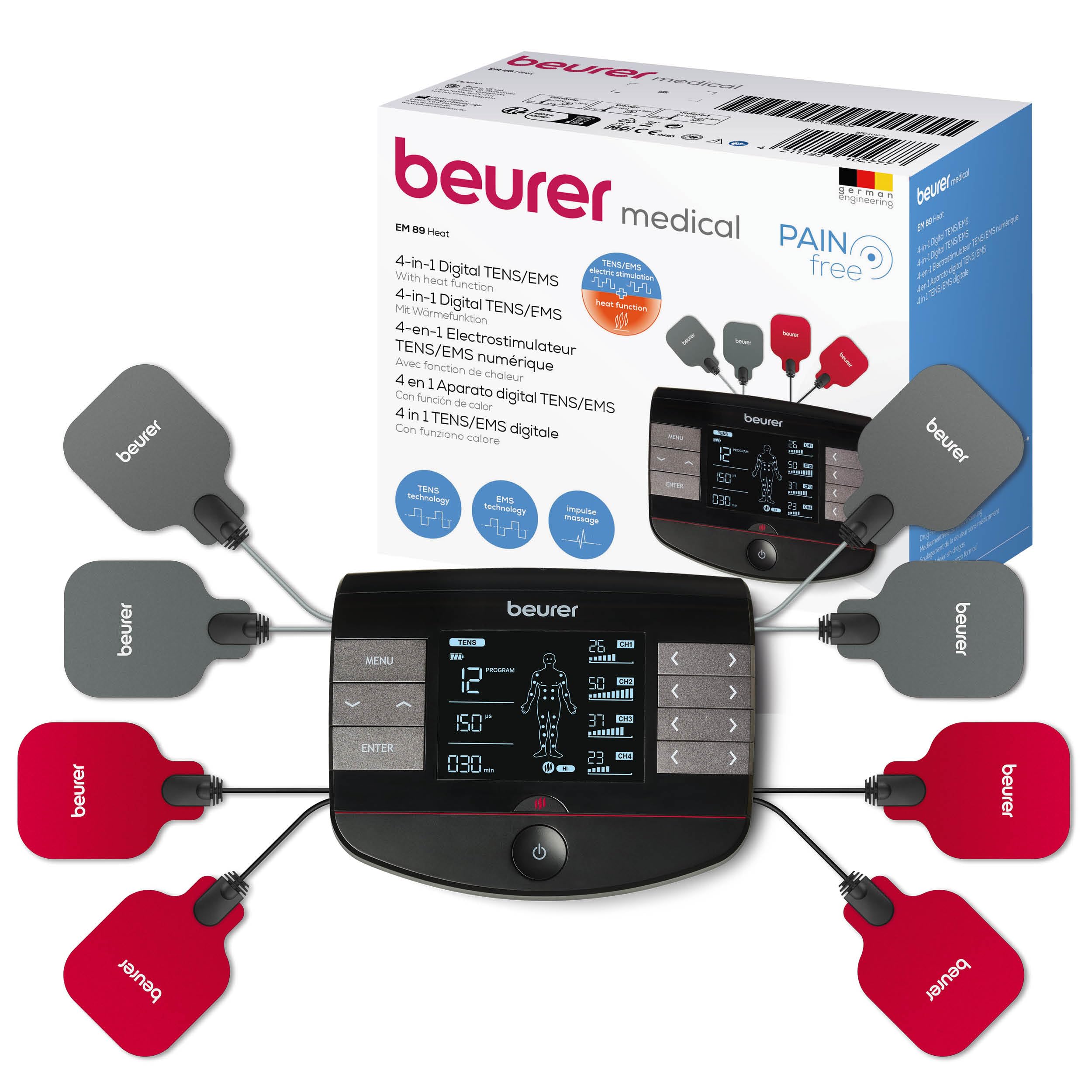 دستگاه TENS/EMS دیجیتال Beurer EM 89 با عملکرد حرارتی، عملکرد 4 در 1 برای درمان درد، تحریک عضلات، ماساژ و گرما درمانی، 4 کانال قابل تنظیم جداگانه، 8 الکترود و باتری قابل شارژ دستگاه TENS/EMS با 8 الکترود