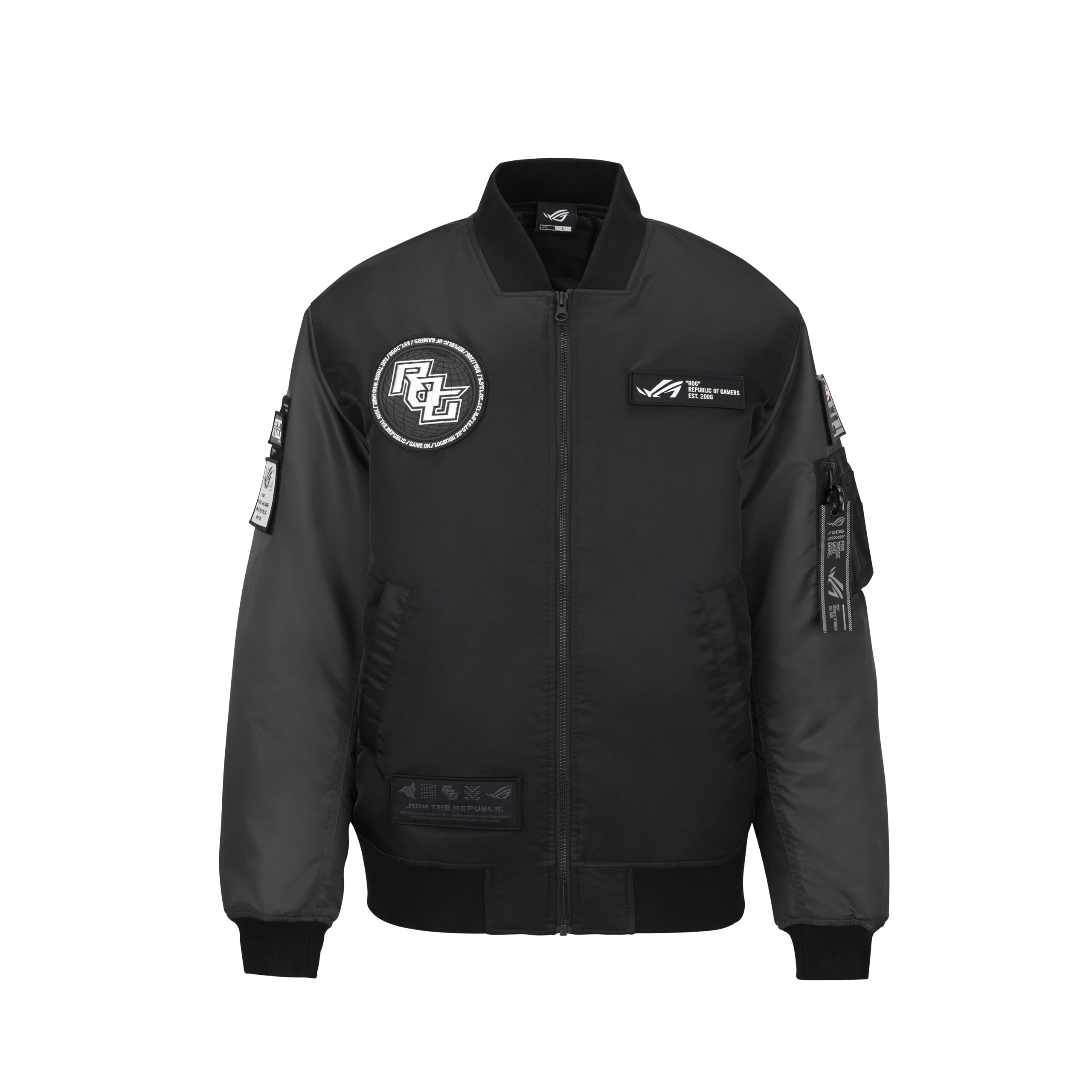 کاپشن ASUS ROG Cosmic Bomber (مشکی/خاکستری، ضد آب، دارای وصله‌های ROG، سایز S-XXL)