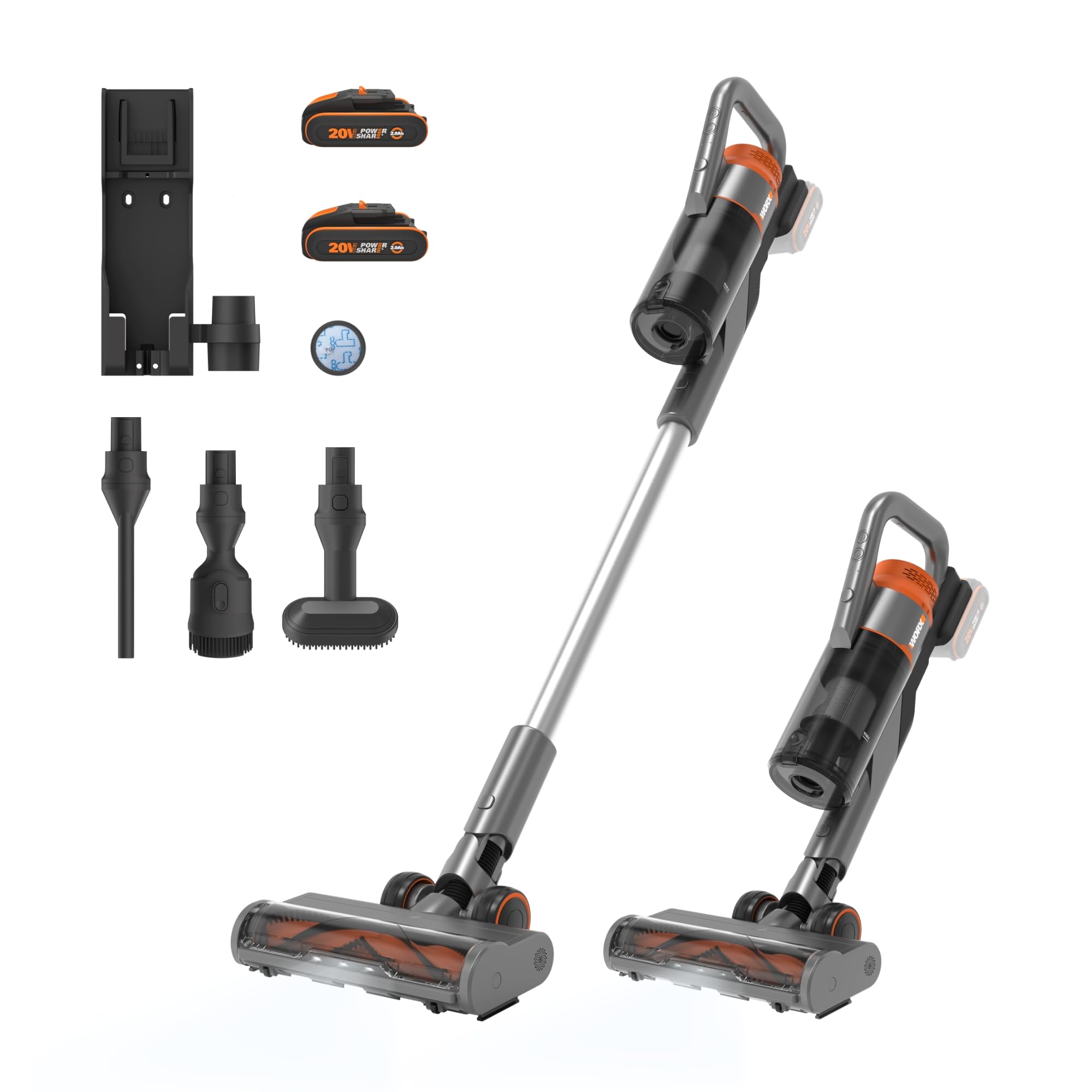 جارو شارژی جاروبرقی بی سیم WORX 20 ولت WX038، جاروبرقی بی سیم 25 کیلو پاسکال، زمان کار طولانی 45 دقیقه، آسان برای موی حیوانات خانگی، فرش، ماشین - از جمله 2 باتری PowerShare و شارژر دوتایی