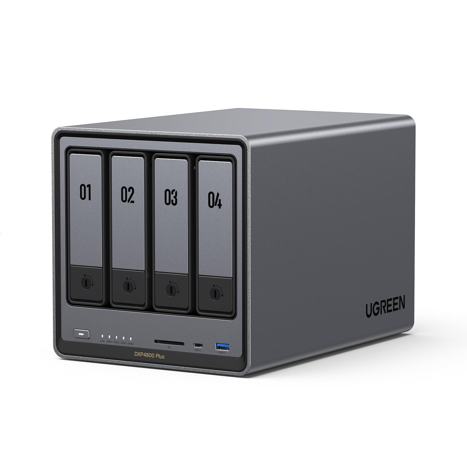 هارد دیسک رومیزی UGREEN NASync DXP4800 Plus با ظرفیت ۴ عدد، پردازنده ۵ هسته‌ای Intel Pentium Gold 8505، رم ۸ گیگابایتی DDR5، حافظه SSD با ظرفیت ۱۲۸ گیگابایت، ۱ عدد کارت شبکه ۱۰ گیگابیت اترنت، ۱ عدد کارت شبکه ۲.۵ گیگابیت اترنت، ۲ عدد کارت حافظه M.2 NVMe، خروجی HDMI با کیفیت ۴K، حافظه متصل به شبکه (بدون دیسک)