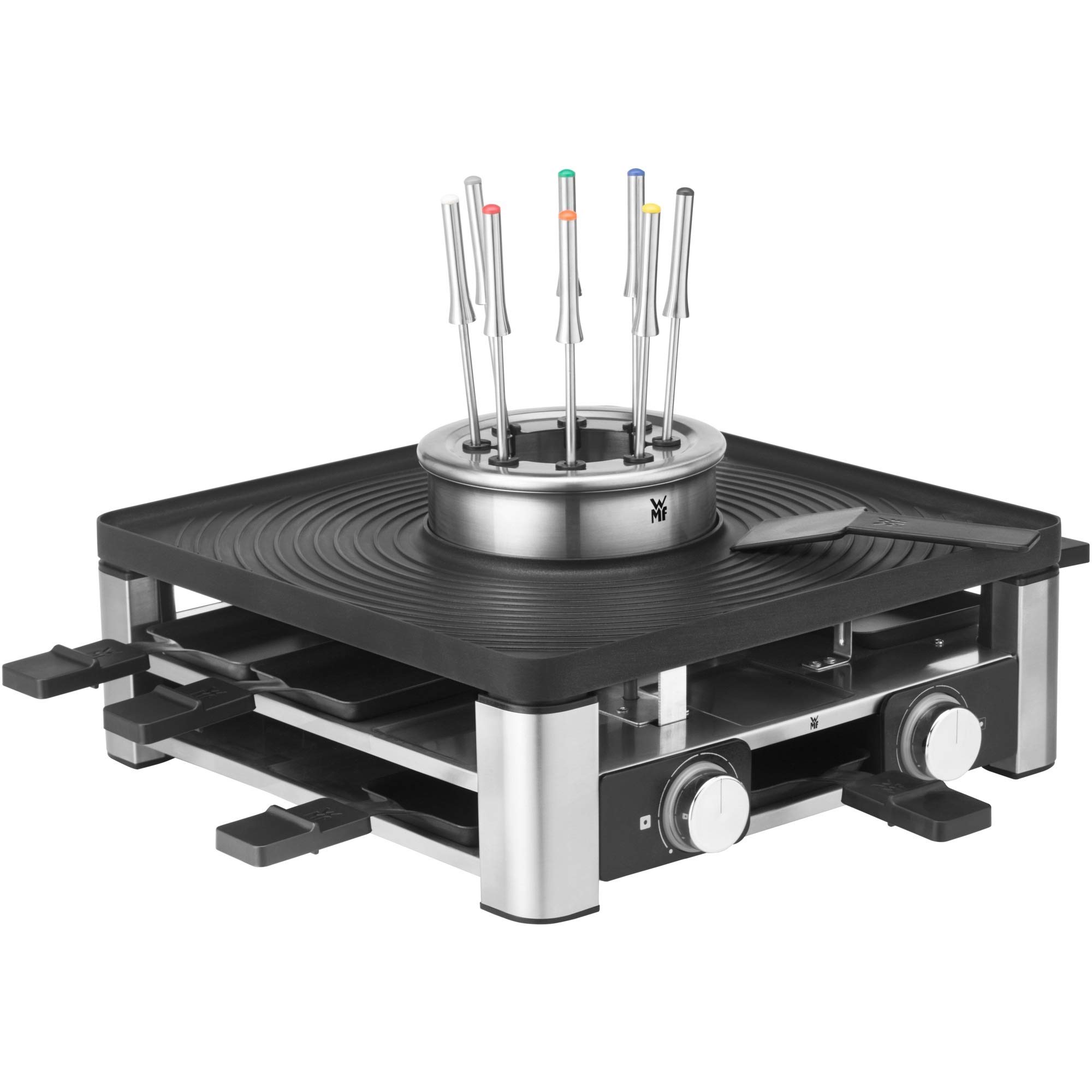 خرید از آمازون - WMF Lumero 3in1 Gourmet Station برای 8 نفر، Raclette Fondue Combi، برقی، تنظیم دما، روشنایی، 1800 وات، صرفه جویی در فضا، فولاد ضد زنگ مات