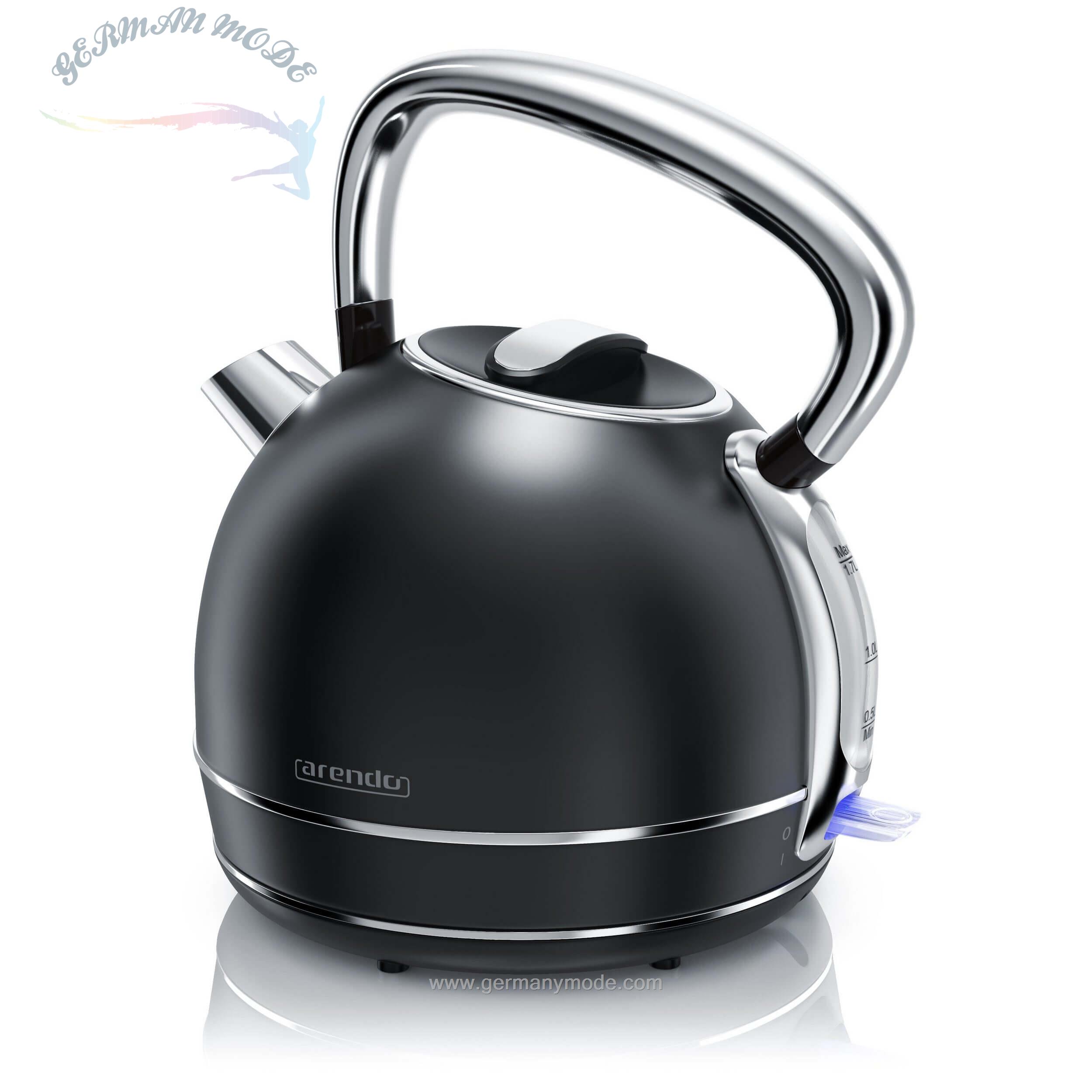 کتری برقی آرندو آلمان Arendo Wasserkocher, Retro Style Edelstahl Wasserkocher in schwarz Vintage- 1-7 Liter - 2200W