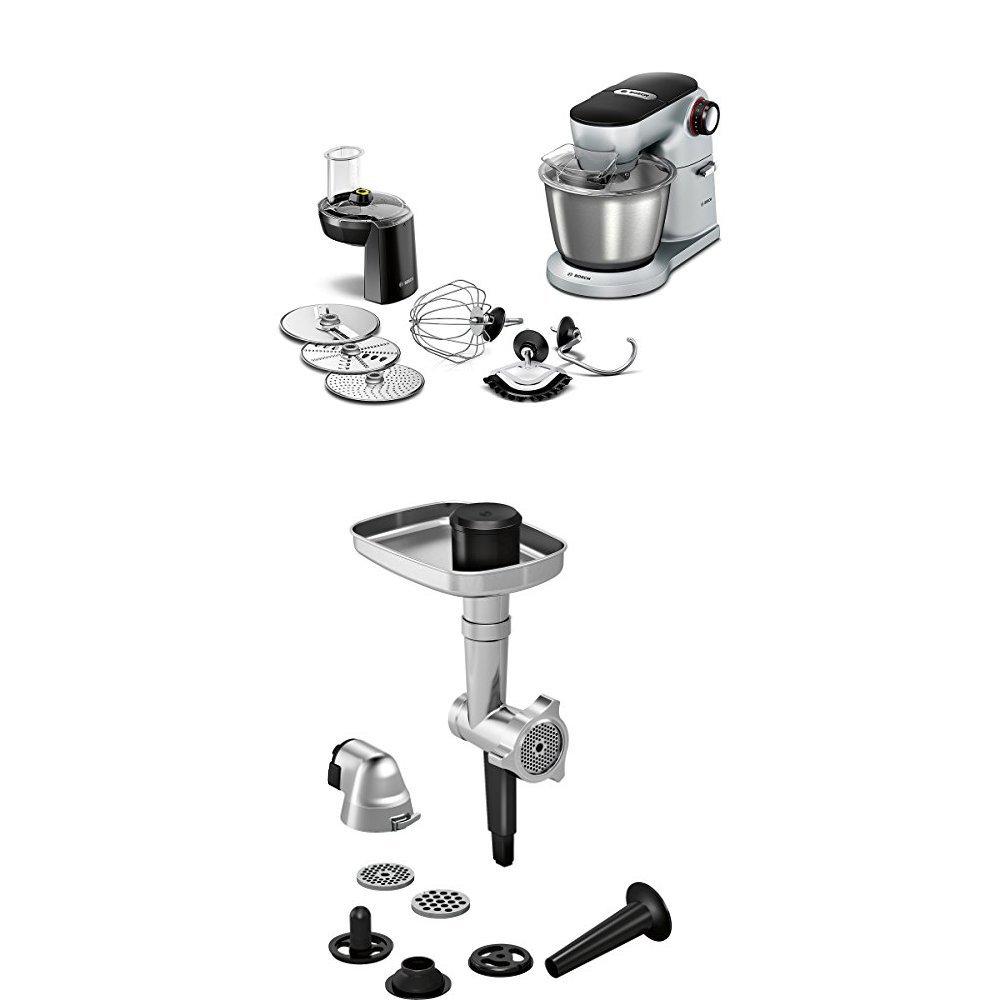 خرید از آمازون - غذاساز Bosch Optimum MUM9D33S11، نقره پلاتین + MUZ9HA1 Lifestyle Set Hunting Adventure، چرخ گوشت، سوسیس پرکن، اتصال Kebbe، دیسک های سوراخ دار 3.5-8 میلی متر برای غذاساز OptiMUM