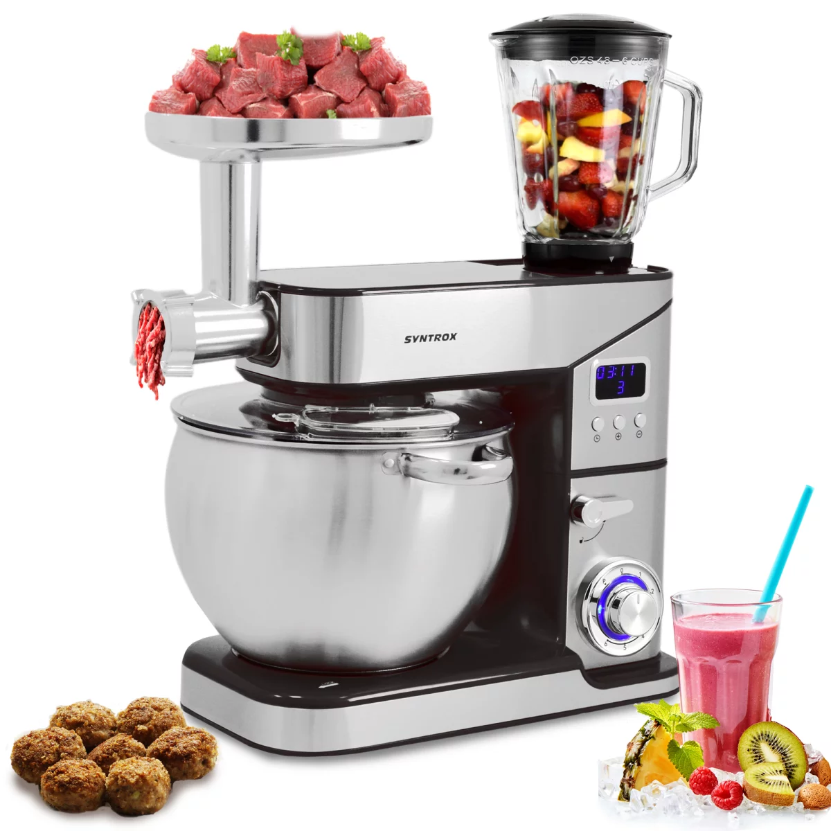 غذا ساز همه کاره سینتروکس آلمان Syntrox Küchenmaschine Lyon Edelstahl 10 Liter Küchengerät Fleischwolf Farbwahl Schwarz