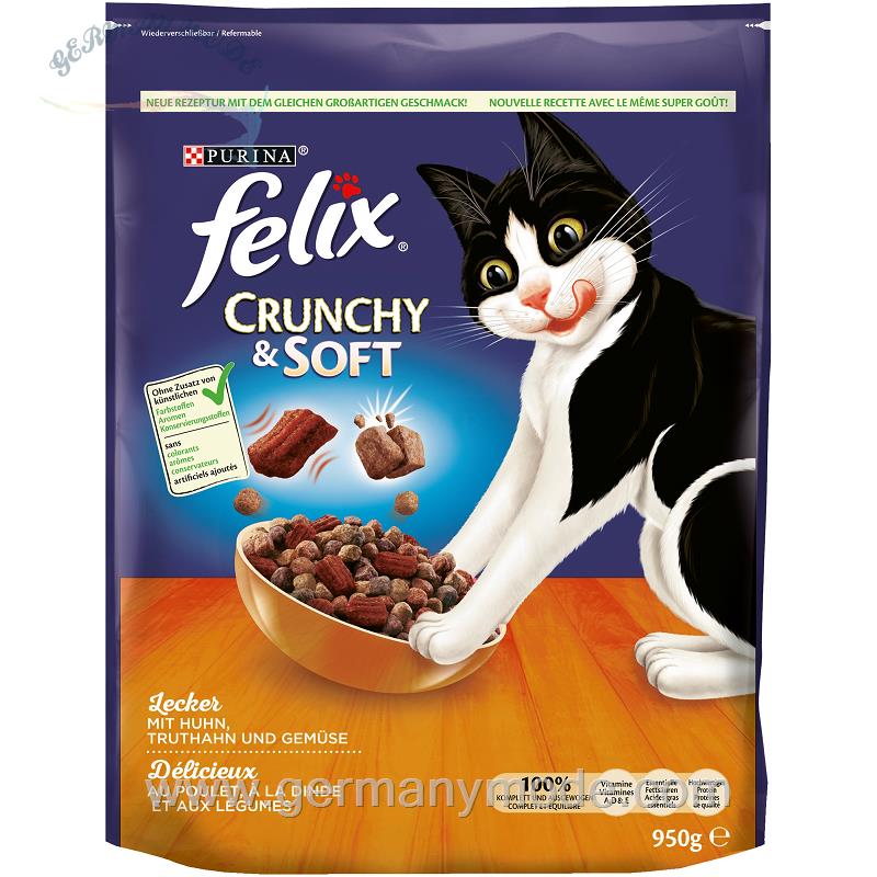 غذا خشک گربه مرغ بوقلمون سبزیجات فلیکس آلمان Felix Crunchy-Soft 4x950g Huhn-Truthahn und Gemüsezugabe