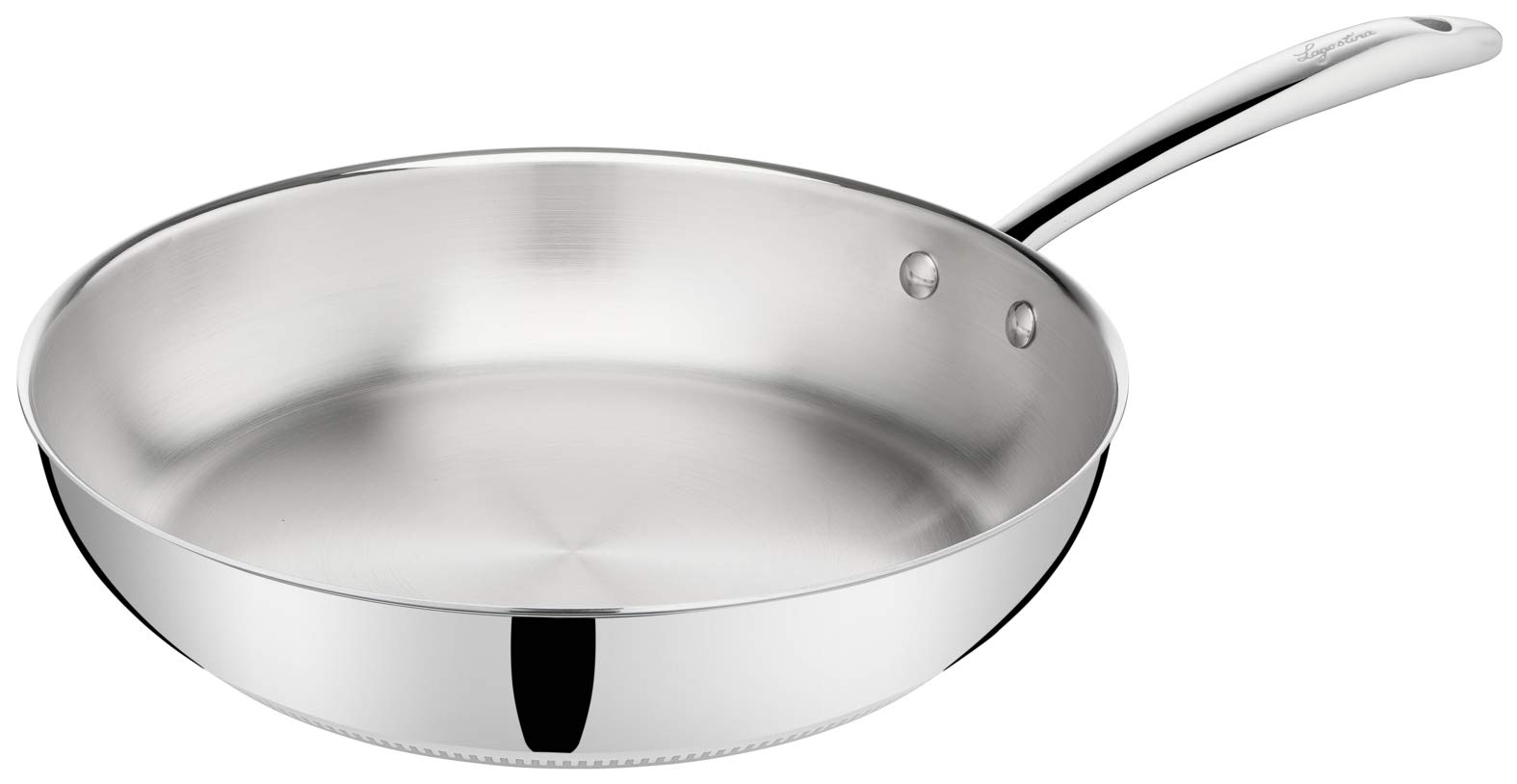 ماهیتابه لاگوستینا آکادمیا لاگوفوزیون، ساخته شده از استیل ضد زنگ 18/10 با دسته بلند، قطر 28 سانتی‌متر، مناسب برای استفاده در فرهای القایی، گازی و تا 250 درجه سانتیگراد، سطح بیرونی براق، سطح داخلی برس خورده، دسته‌های پرچ شده، کف 5 لایه