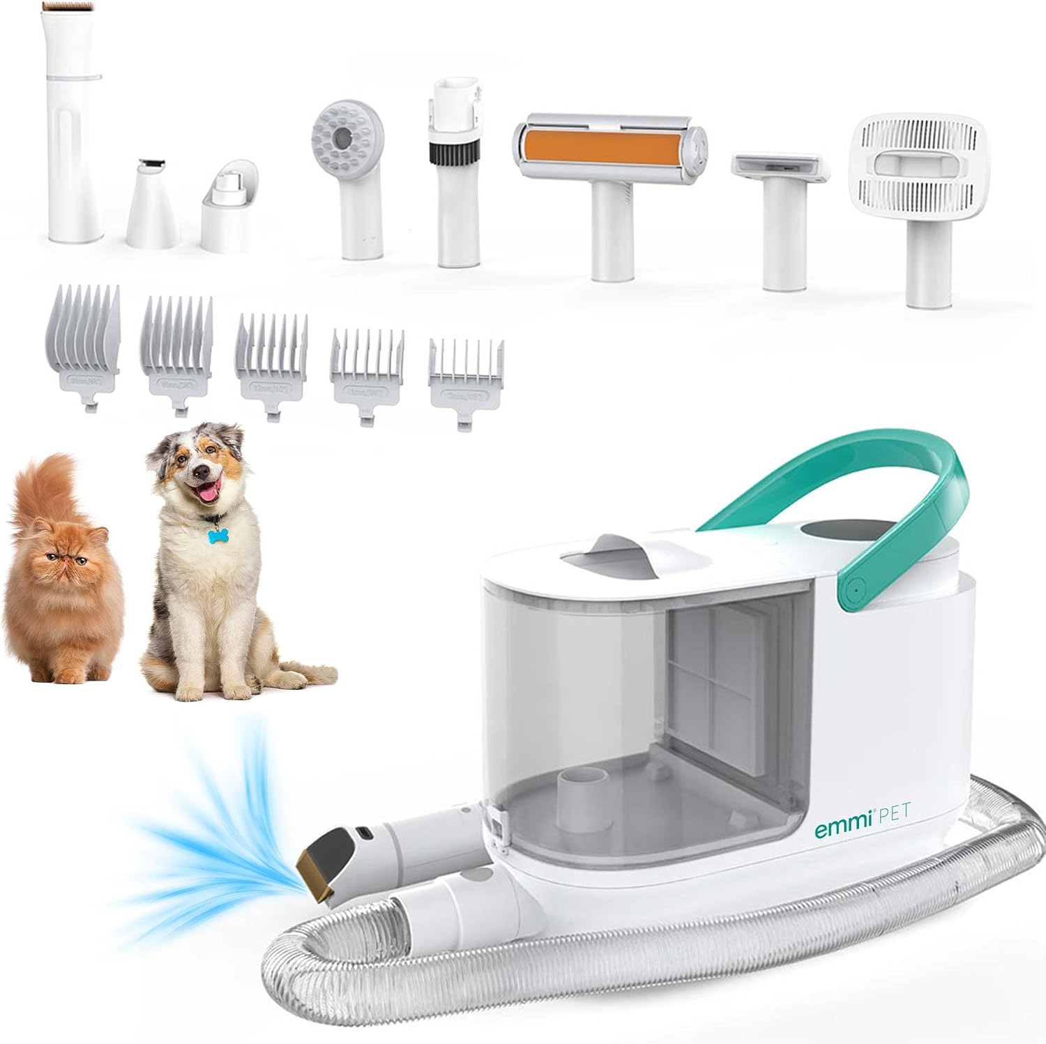 جارو برقی و ماشین اصلاح مخصوص مو سگ Emmi-pet Grooming Kit Pro جارو برقی سگ 8 در 1 | سه بار استفاده با کلیپر، شانه و جاروبرقی | 8 براش حرفه ای | 3 سطح مکش برای سگ و گربه، مراقبت از پنجه | با نمایشگر