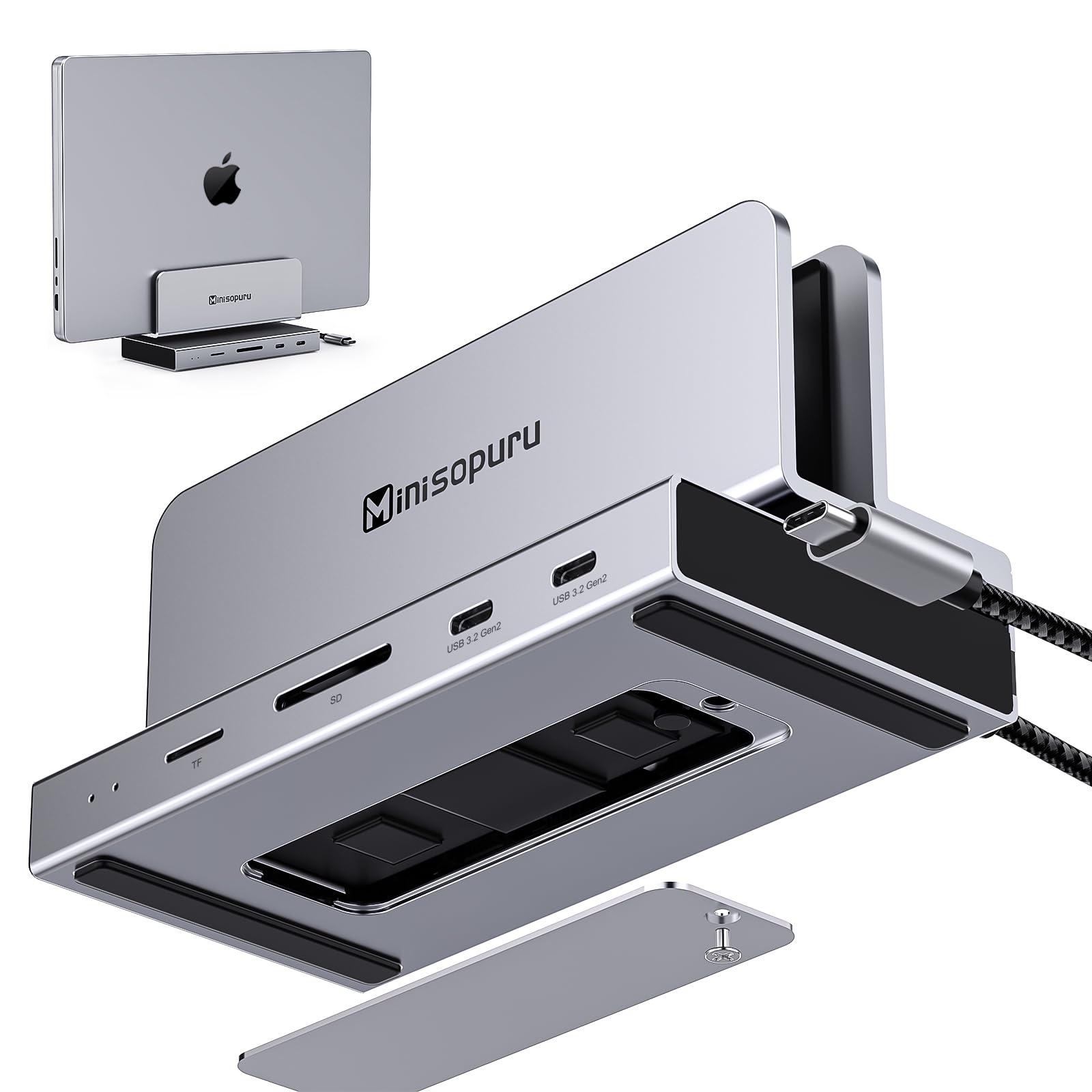 خرید از آمازون - پایه ایستگاه اتصال لپ‌تاپ Minisopuru از M.2 NVMe SSD (شامل نمی‌شود)، ایستگاه اتصال USB-C برای MacBook/Windows، ایستگاه اتصال عمودی با HDMI 4K، USB 3.2 10Gbps،