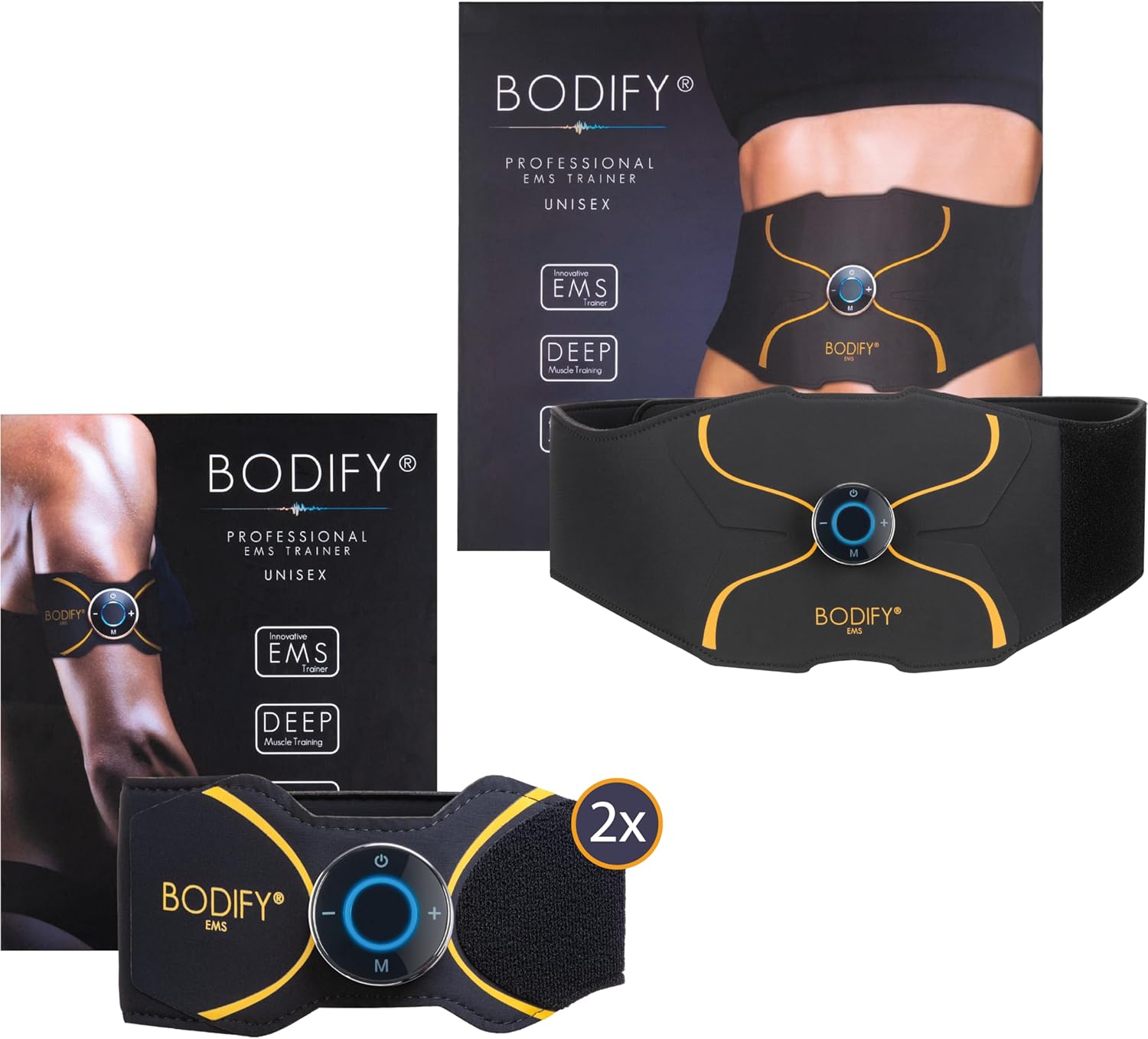 کمربند لاغری Bodify 3in1 EMS Training Set Pro - تحریک عضلانی هدفمند! - عضله سازی کل بدن - دستگاه تحریک کننده عضلات شکم، بازو، پا - مربی عضلانی برای آقایان و خانم ها