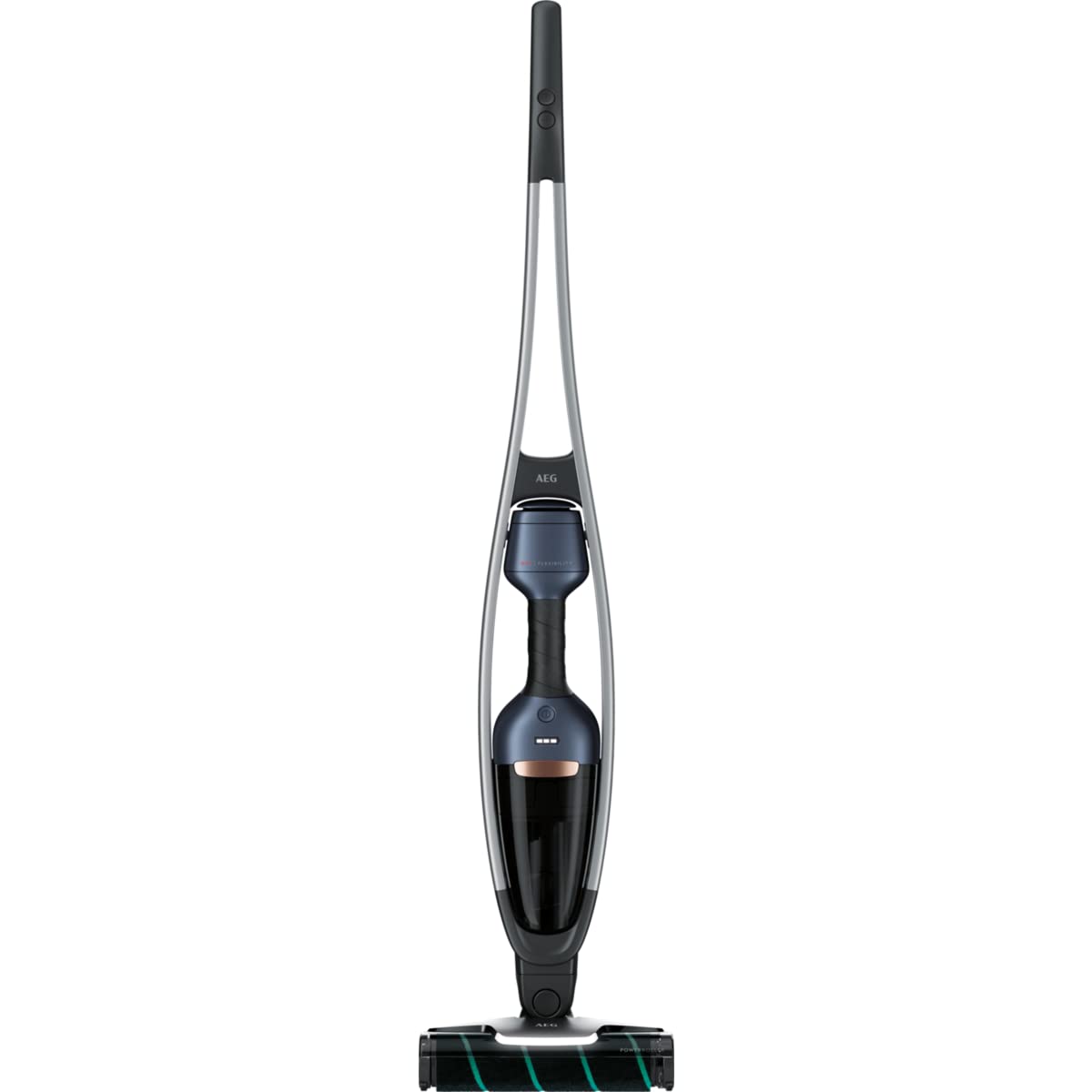 جاروبرقی بی‌سیم ۲ در ۱ AEG QX9-1-P5IB/بدون کیسه/مجموعه لوازم جانبی/تا ۵۵ دقیقه زمان کارکرد/ایستاده/غلتک نرم قدرتمند/ذرات بزرگ را جمع می‌کند/چراغ‌های جلوی LED/بی‌صدا/آبی با ابزار شکاف قابل افزایش و غلتک نرم قدرتمند آبی
