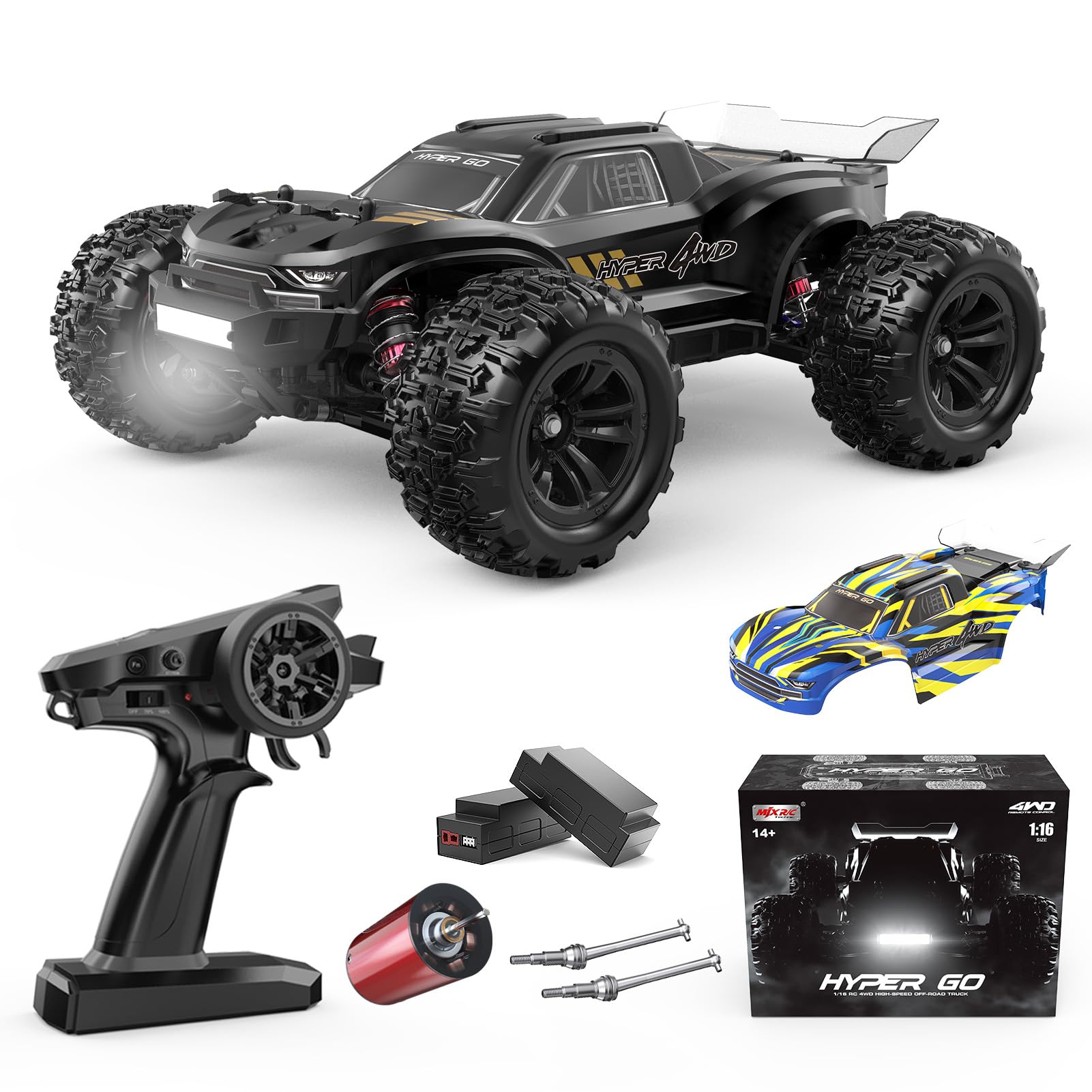 خرید از آمازون - ماشین کنترل از راه دور بدون برس HYPER GO H16BM 1/16 4X4 RTR، ماشین‌های RC سریع برای بزرگسالان، حداکثر سرعت 68 کیلومتر در ساعت Hobby Electric RC، Speed RC Truggy، آفرود RC کامیون با 2 باتری لیپو برای پسران.