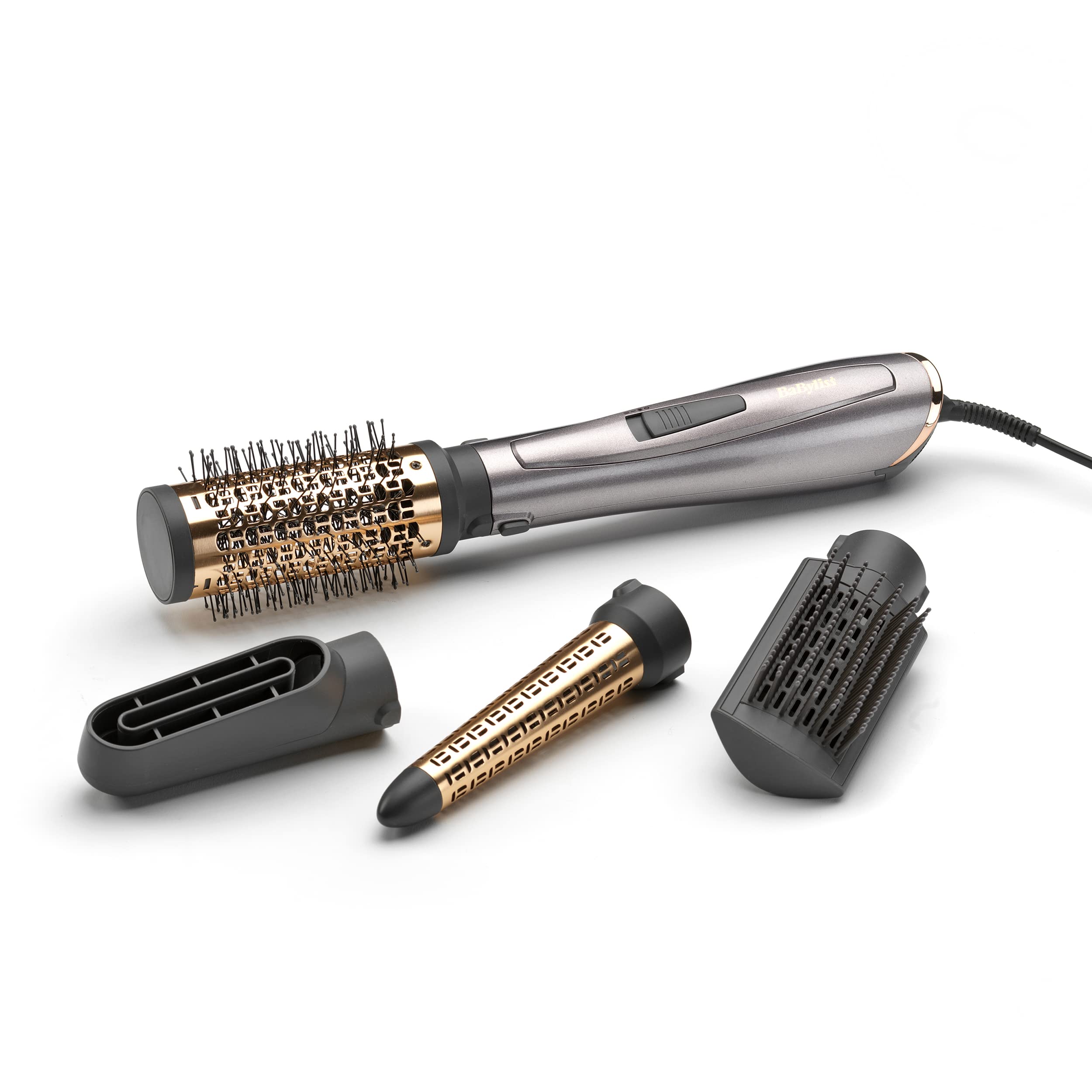 برس گرد حرارتی بابیلیس فرانسه - برس هوای داغ BaByliss Air Style 1000 با 4 ضمیمه برای خشک کردن، فر کردن، صاف کردن و حجم دهی، فناوری یونی برای اثر ضد وز، برس سشوار قدرتمند 1000 وات، AS136E Single