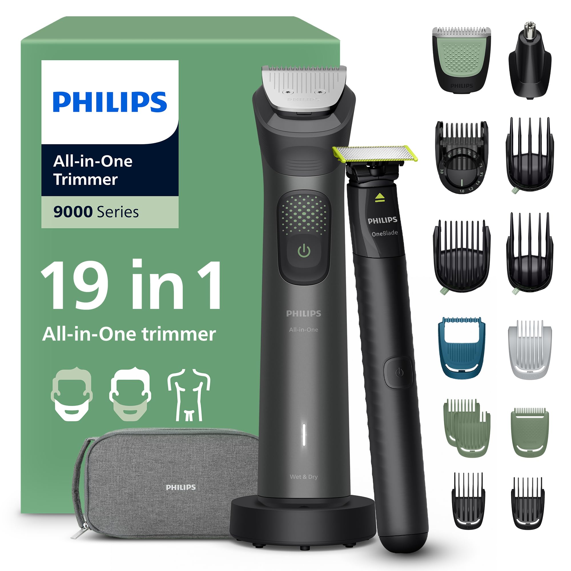 ماشین اصلاح ریش و موی فیلیپس هلند Philips All-in-One Trimmer 19in1 MG9556/15 همه کاره 19 تکه مجموعه کامل اصلاح صورت سر و بدن، 27 حالت تنظیم طول (0.2-20 میلی متر)