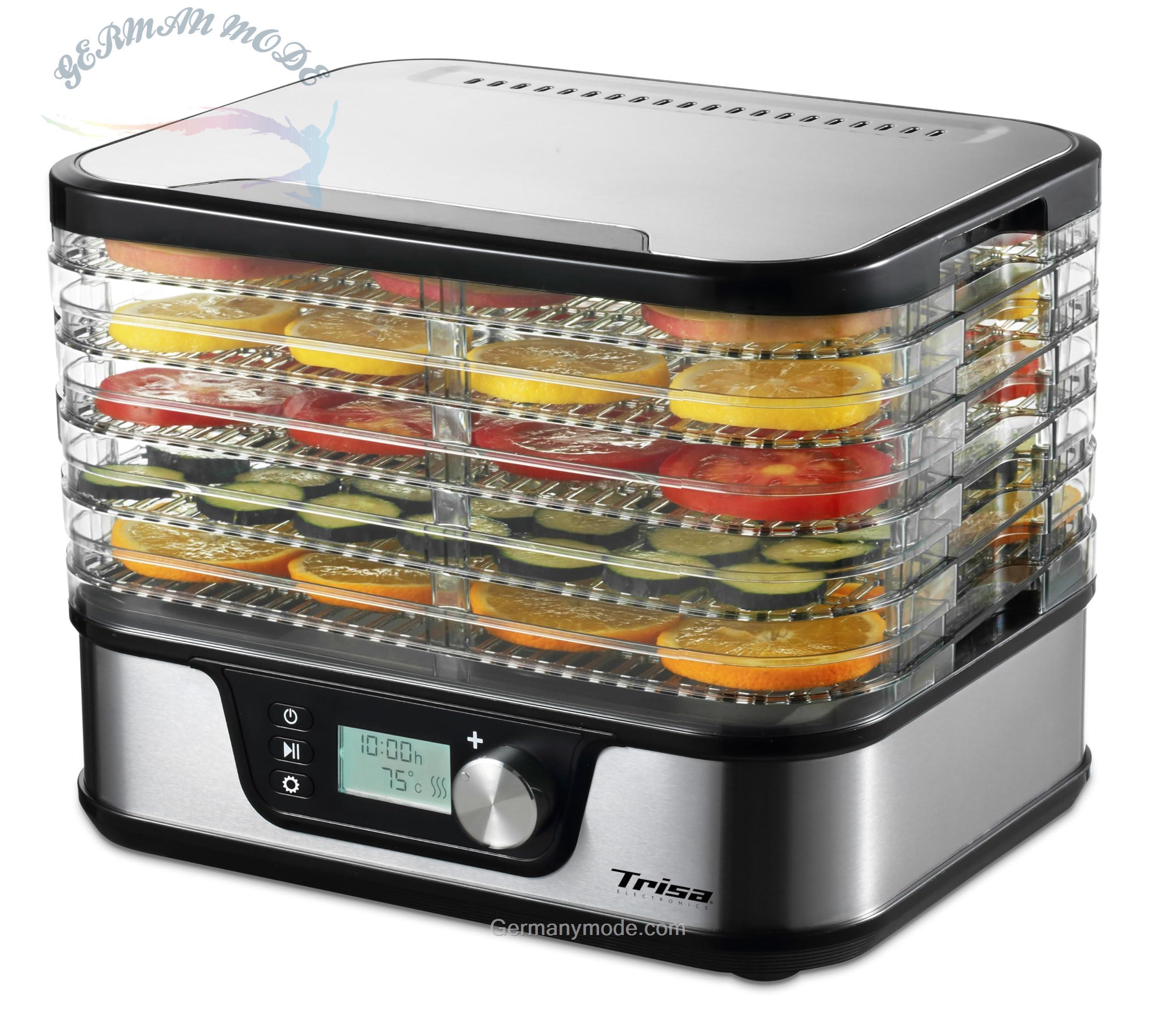 خشک‌ کن میوه تریزا سوئیس Trisa Dehydrator 5 Stackable Racks for Fruit قفسه قابل چیدن 5 عدد روی هم برای میوه، سبزیجات، گیاهان و قارچ، فن گردش هوا، صفحه نمایش LC، کنترل دما ۳۵-۷۵ درجه سانتیگراد