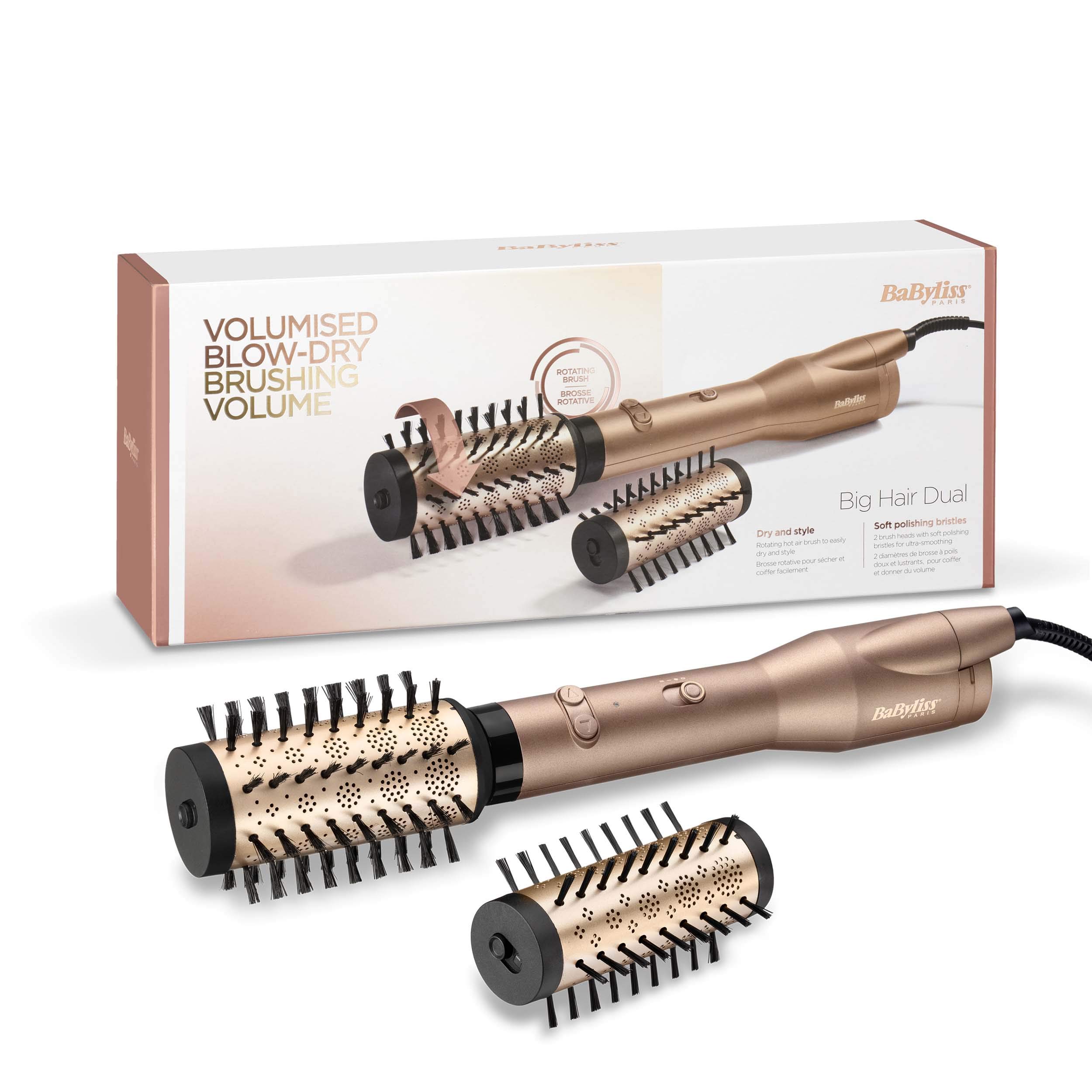 برس گرد حرارتی بابیلیس فرانسه - برس هوای داغ دوتایی دوار موی بزرگ BaByliss، با فناوری یون، 2 ضمیمه، شامپاین، 33.2 x 6 x 6 سانتی متر، AS952E تک