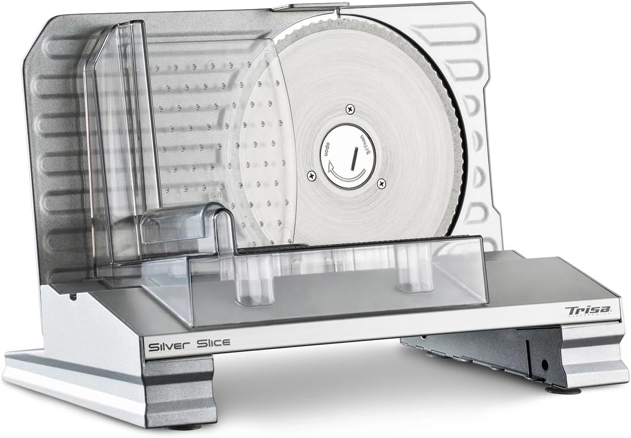 کالباس بر گوشت و نان بر تریزا سوئیس Trisa Silver Slice Electric Slicer آلومینیوم ریخته‌گری، ۱۵۰ وات، تیغه دندانه‌دار استیل ضد زنگ ۱۹۰ میلی‌متر، عرض برش ۱ تا ۲۰ میلی‌متر