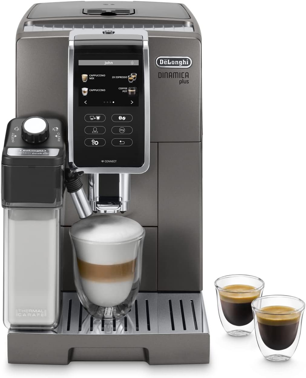 اسپرسو ساز قهوه ساز تمام اتوماتیک دلونگی ایتالیا DeLonghi Dinamica Plus ECAM 370.95.T با سیستم شیر LatteCrema، کاپوچینو و اسپرسو با فشار یک دکمه، صفحه نمایش رنگی لمسی و کنترل برنامه، عملکرد قابلمه قهوه، تیتانیوم