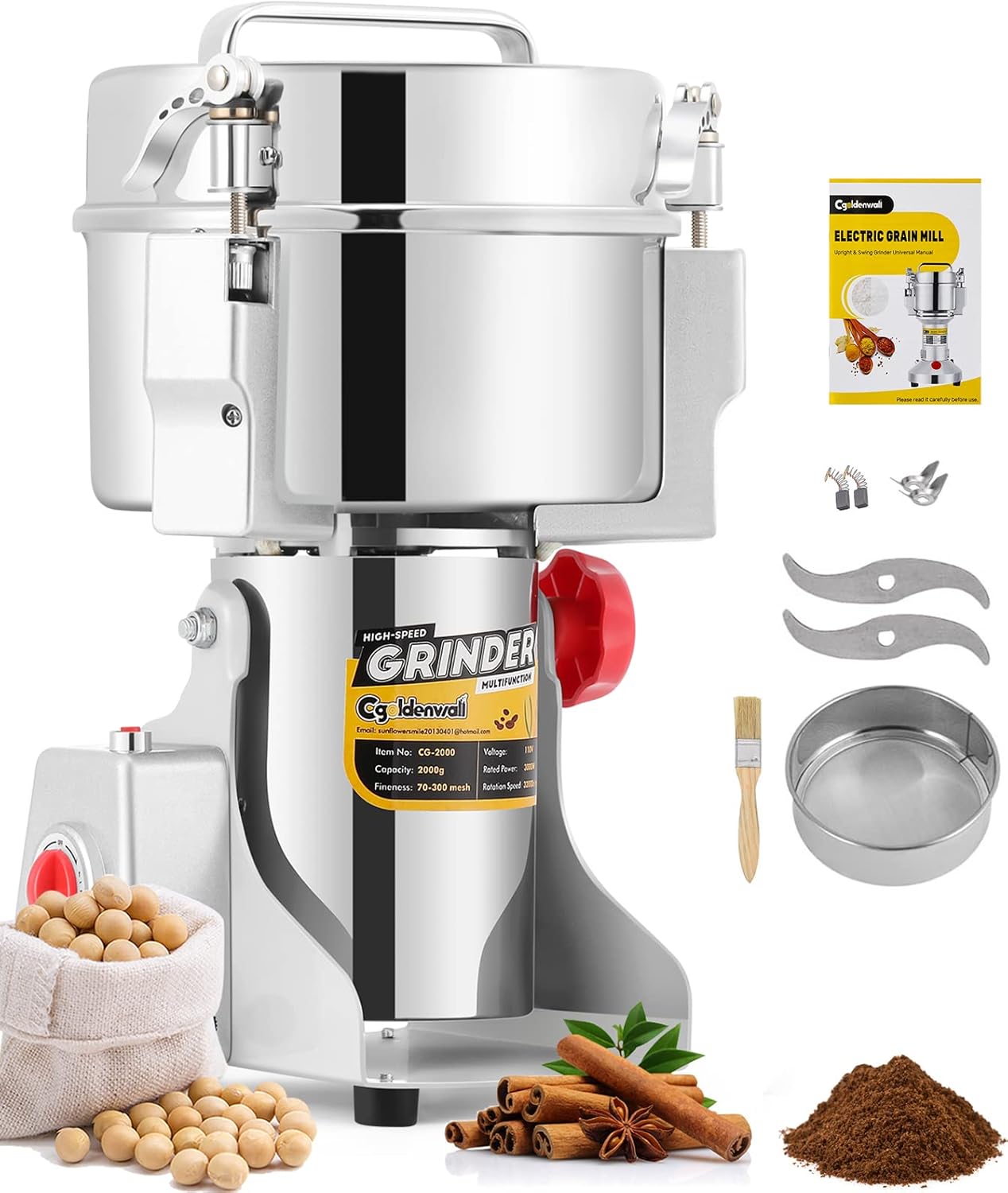 آسیاب غلات و قهوه برقی صنعتی CGOLDENWALL 2000 گرمی آسیاب ادویه‌ای استیل ضد زنگ برقی آسیاب غلات فوق‌العاده با روکش باز برای دانه‌های خشک/گیاهان/دانه‌های قهوه موتور تجاری 3000 وات 32000 دور در دقیقه
