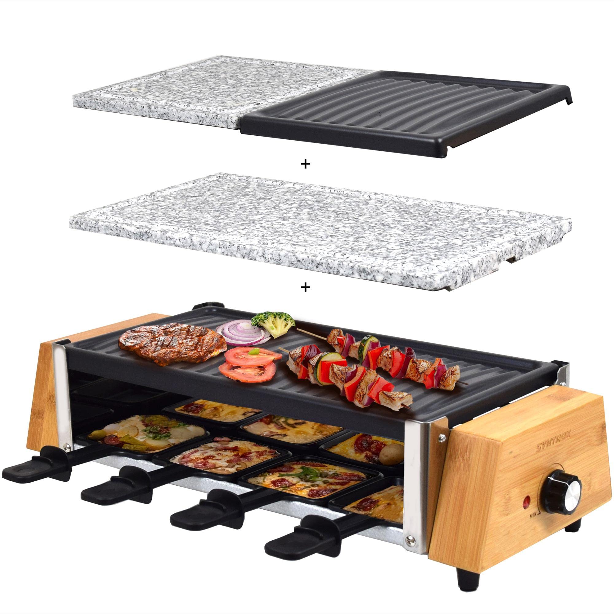 خرید از آمازون - Syntrox Germany RAC-1200W-Murten Raclette در طرح چوبی با صفحات تقسیم شده، سنگ داغ و صفحه گریل، وزن: 7.5 کیلوگرم