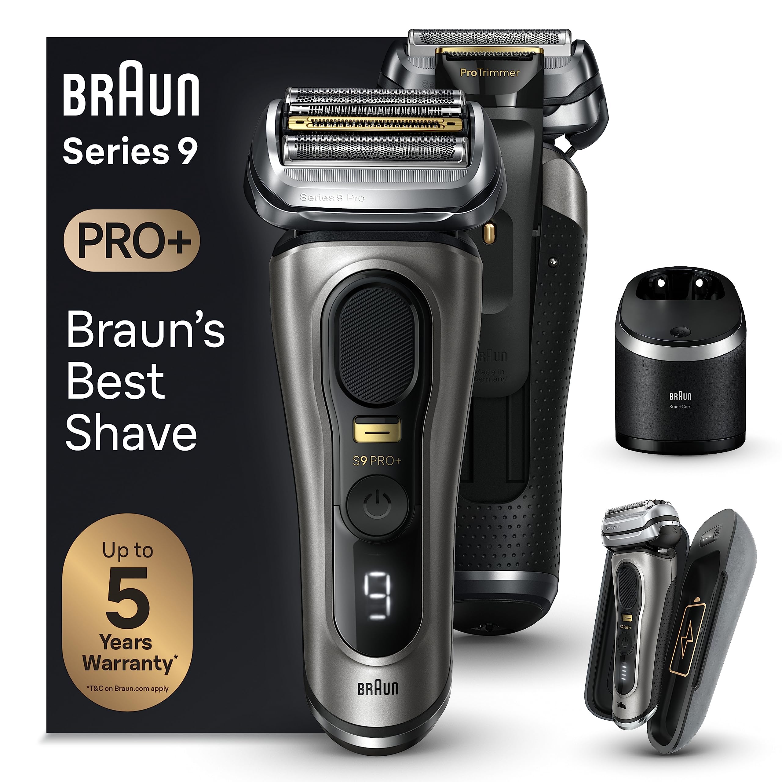 خرید از آمازون - ریش تراش مردانه Braun Series 9 Pro+، با 5 عنصر اصلاح Pro، موی بلند و ایستگاه تمیزکننده، کیف شارژ ریش تراش برقی، پاور کیس، زمان اجرا 60 دقیقه، ساخت آلمان، 9575 سی سی، فلز گرانبها