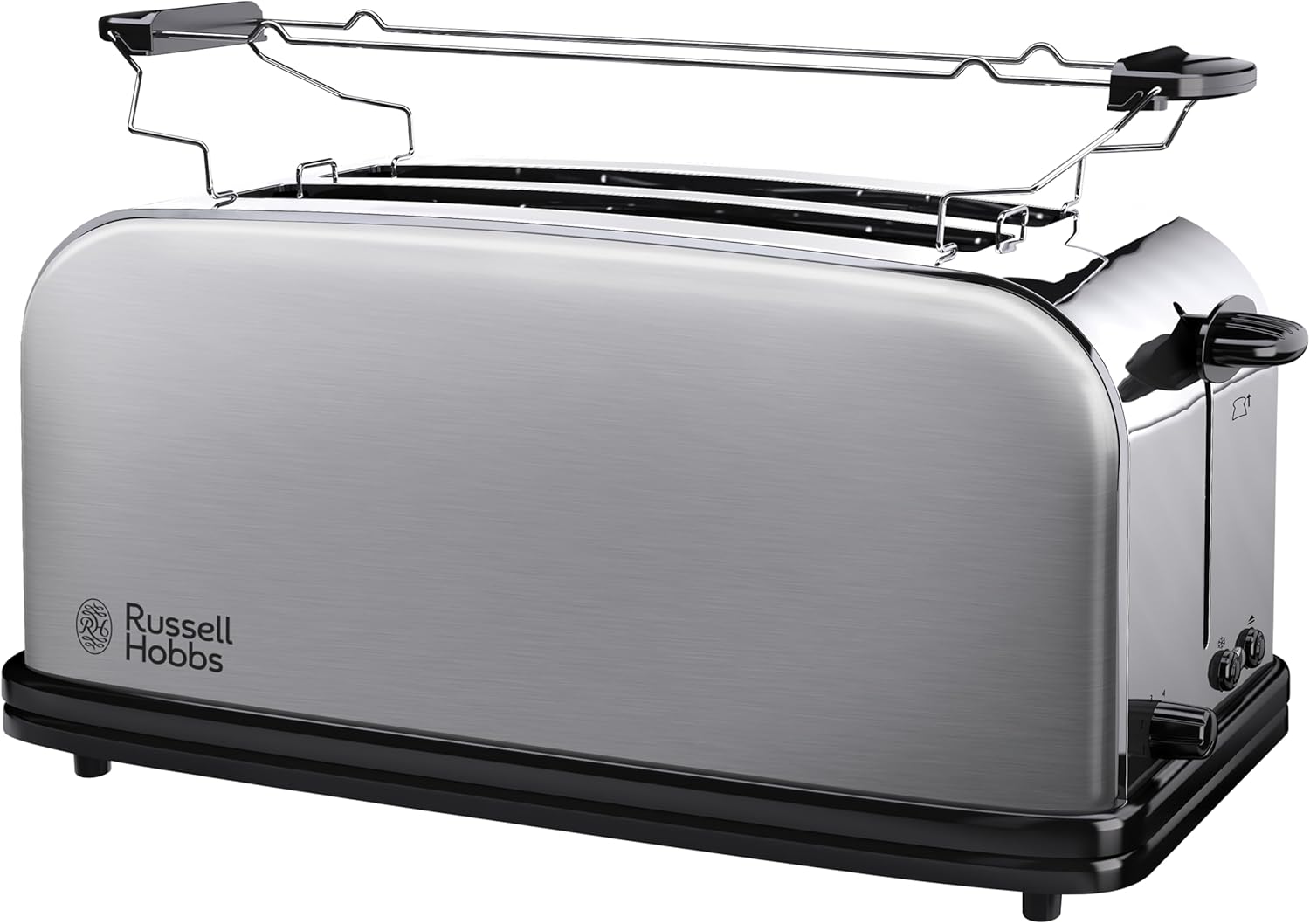 توستر دو شیاره استیل ضد زنگ راسل هابز انگلستان مدل Russell Hobbs Toaster Adventure شیار بلند ۴ تکه / ۲ برش پهن شیارهای نان تست خیلی پهن، شامل گرم‌کن نان، ۶ سطح برشته کردن + عملکرد یخ‌زدایی