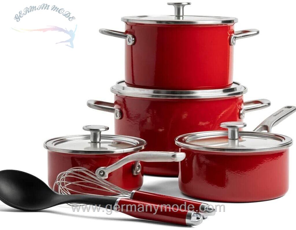 سرویس قابلمه ملاقه همزن 10 پارچه کیچن اید آمریکا KitchenAid Steel Core Enamel 10 teilig Empire Rot
