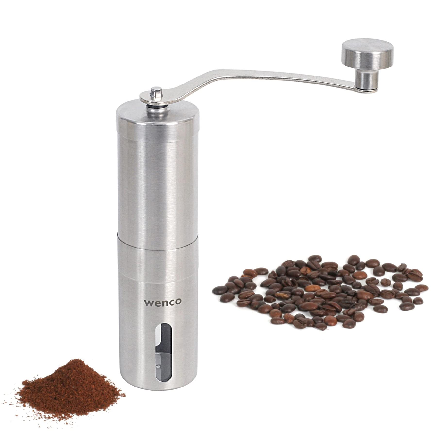 خرید از آمازون - آسیاب قهوه پریمیوم wenco، دستی، قابل استفاده به عنوان آسیاب اسپرسو و آسیاب قهوه، سطح آسیاب قابل تنظیم، 16.5 x 4.5 x 22 سانتی متر، فولاد ضد زنگ، نقره ای
