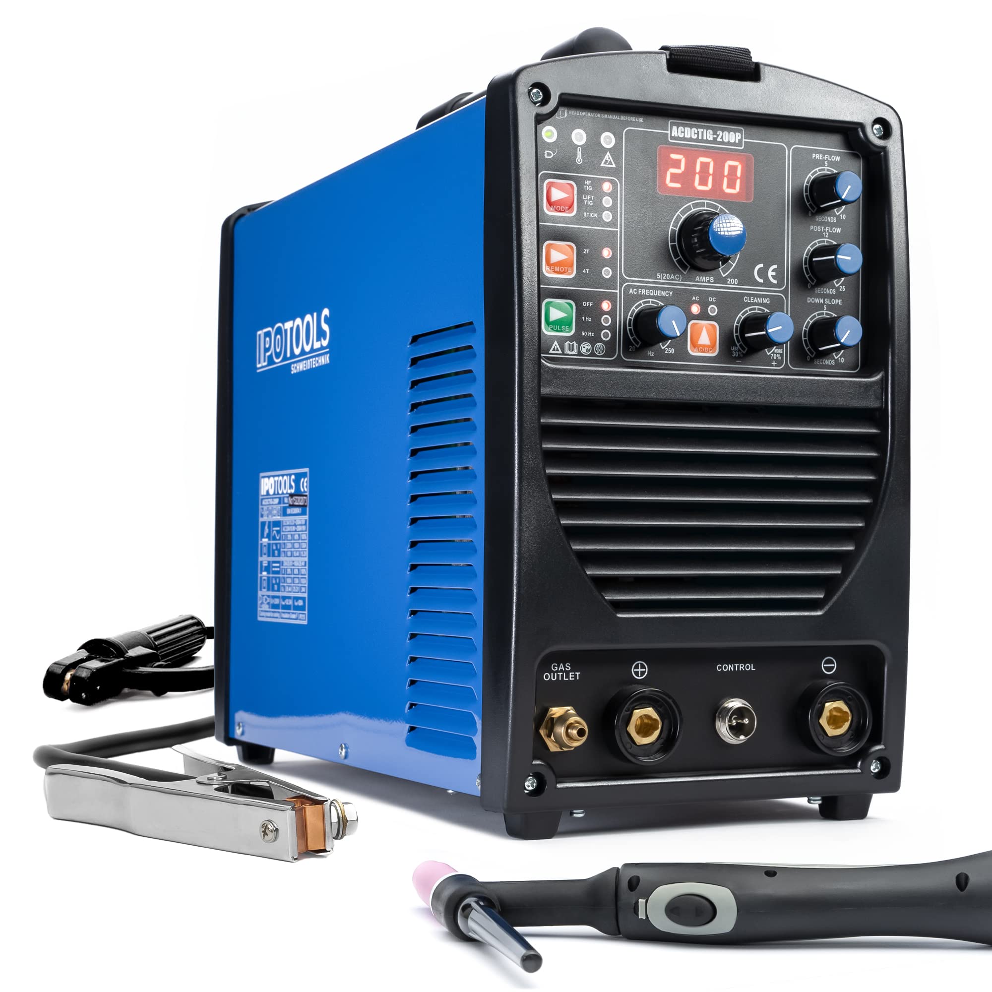 خرید از آمازون - دستگاه جوش IPOTOOLS ACDCTIG 200P TIG دستگاه جوش AC DC با 200 آمپر دستگاه جوش اینورتر تمام دیجیتال شامل احتراق HF، عملکرد پالس، MMA/E-hand، IGBT، 7 سال ضمانت