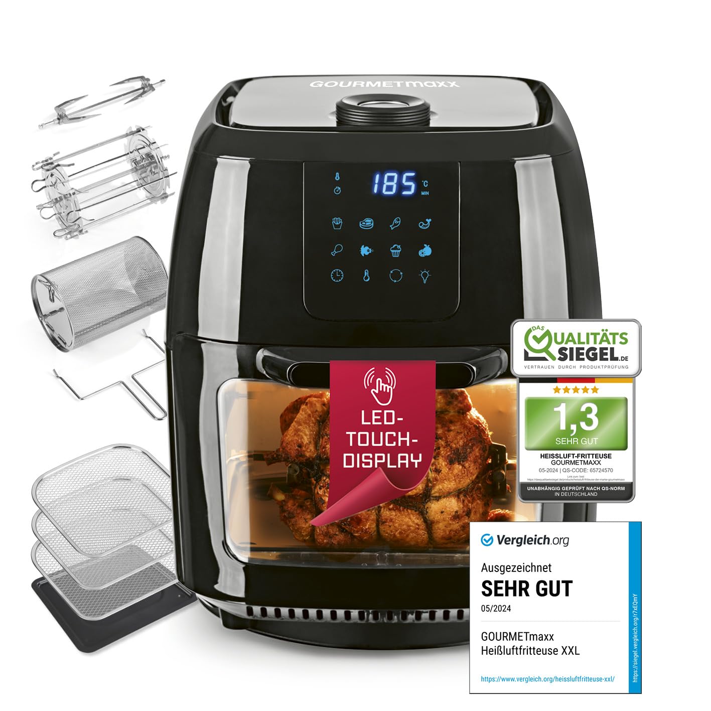 سرخ کن دیجیتال گورمت‌ مکس آلمان GOURMETmaxx مدل XXL - فر 9 لیتری | سرخ کن با عملکرد تایمر، صفحه نمایش لمسی، جوجه گردان، سیخ کباب | سرخ کردن کم چرب و کم مصرف | 8 برنامه، 1800 وات، مشکی، 9 لیتر