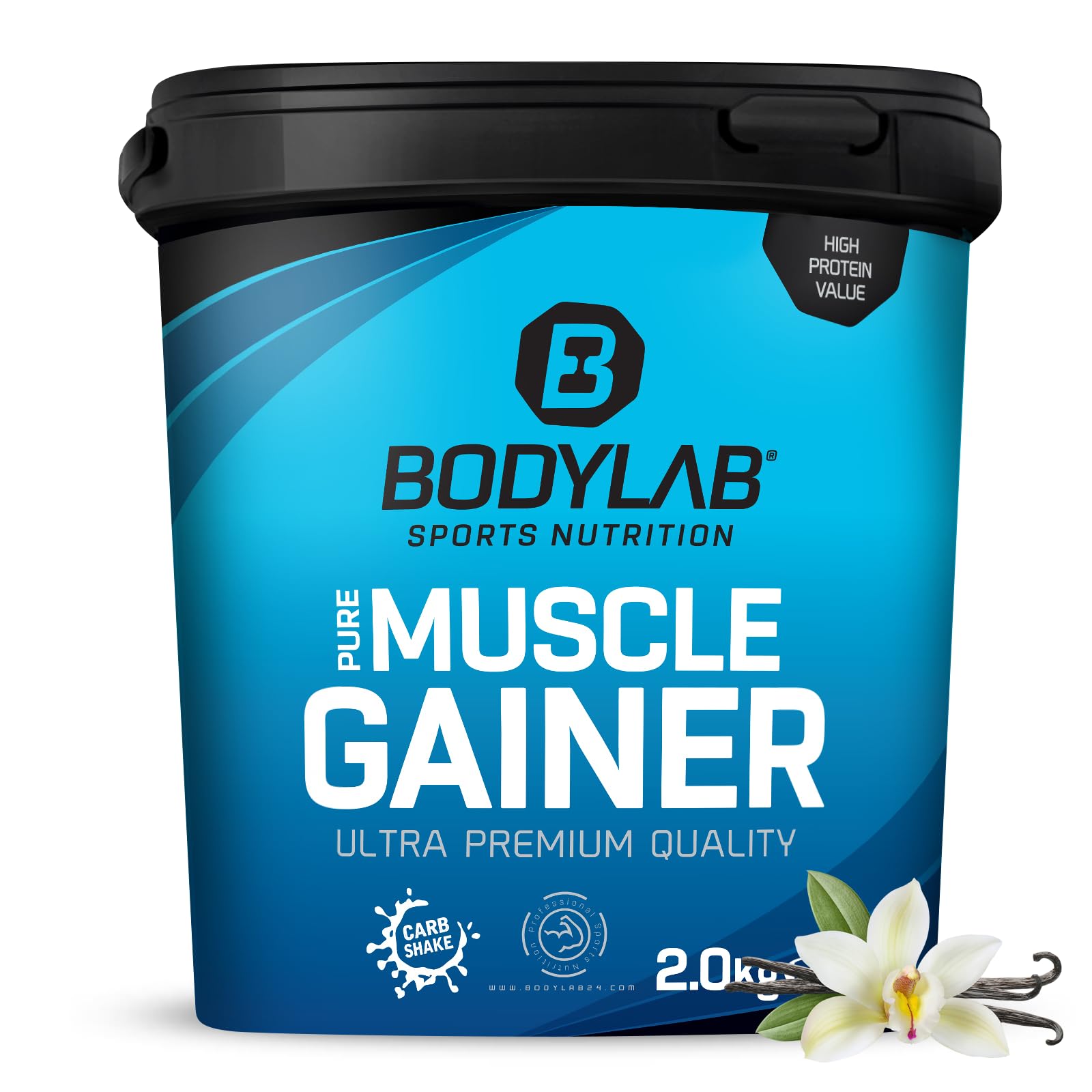 خرید از آمازون - Bodylab24 Pure Muscle Gainer Vanilla 2000 گرم، هر 100 گرم 33 گرم کربوهیدرات طبیعی، 40 گرم پروتئین و 12 گرم چربی، غنی شده با کراتین مونوهیدرات، شیک افزایش وزن عالی برای افزایش حجم