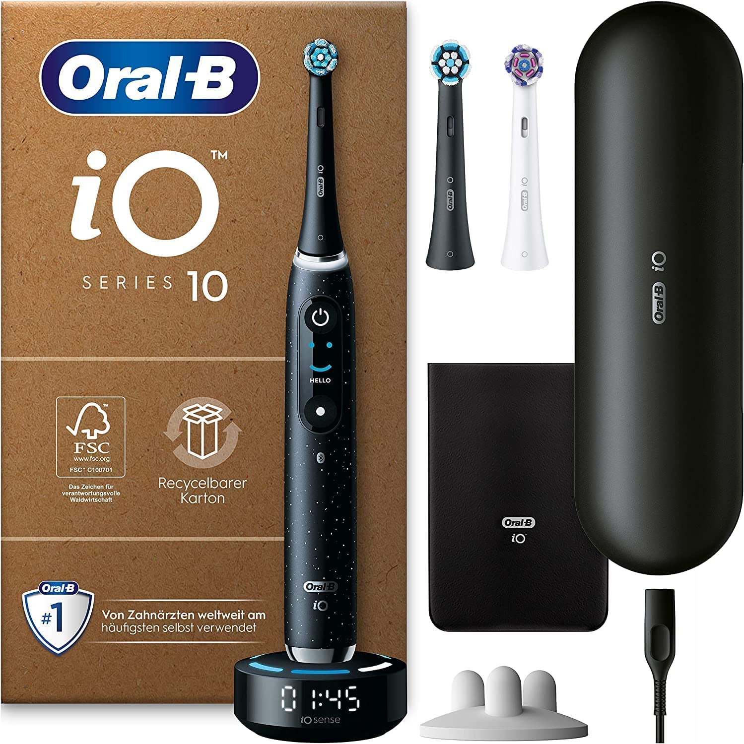 مسواک برقی اورال بی آمریکا Oral-B iO Series 10 Plus Edition/Electric Toothing 3 سر مسواک، کیف، 7 حالت، بسته بندی قابل بازیافت، هدیه برای مرد/زن، مشکی (12/2023)
