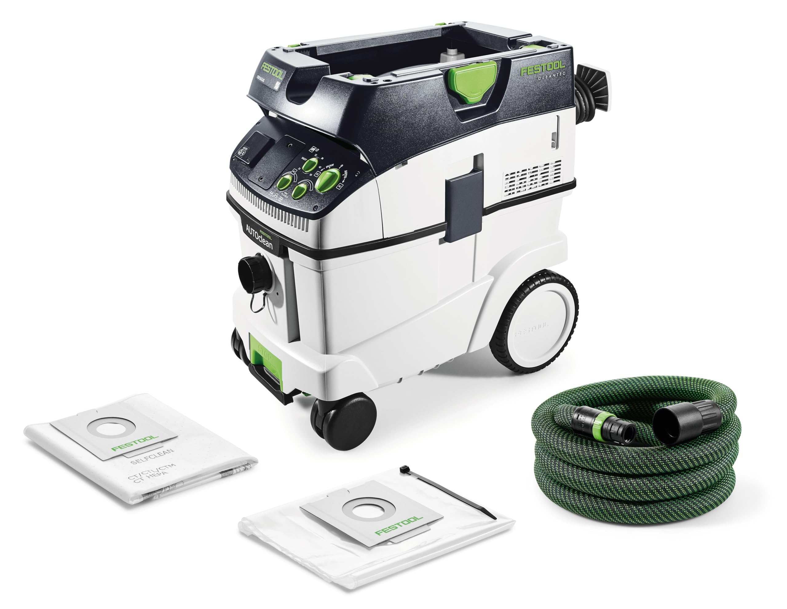 جارو برقی صنعتی فستول آلمان Festool مدل CTM 36 E AC CLEANTEC (دارای فیلتر اصلی با کارایی بالا، کیسه فیلتر SELFCLEAN، کیسه دفع زباله، شلنگ مکش، پوشش نازل مکش)