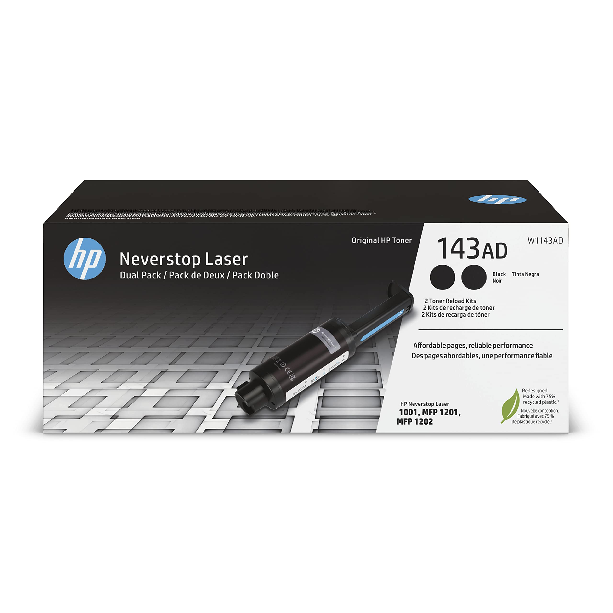 خرید از آمازون - کیت شارژ مجدد تونر Neverstop چند بسته HP 143A (W1143AD) (2 برابر مشکی) برای چاپگر لیزری HP Neverstop، مشکی، بزرگ 2x مشکی تکی