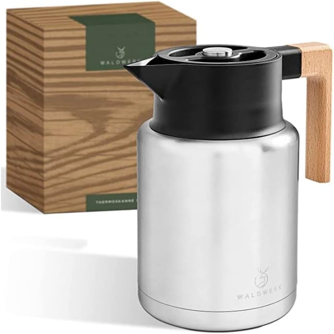 فلاسک چایی والدورک آلمان WALDWERK Thermos (1.4 لیتر) - قهوه جوش ساخته شده از فولاد ضد زنگ دو جداره 304 با دسته چوبی ظریف - کوزه عایق با دهانه بدون چکه - قهوه جوش ترمو