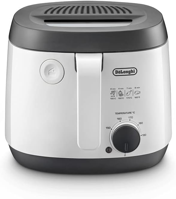 سرخ کن دلونگی ایتالیا DeLonghi FS3021 ترموستات قابل تنظیم، طراحی جمع و جور، ظرفیت 2 لیتر، 1800 وات، پلاستیک، سفید/مشکی