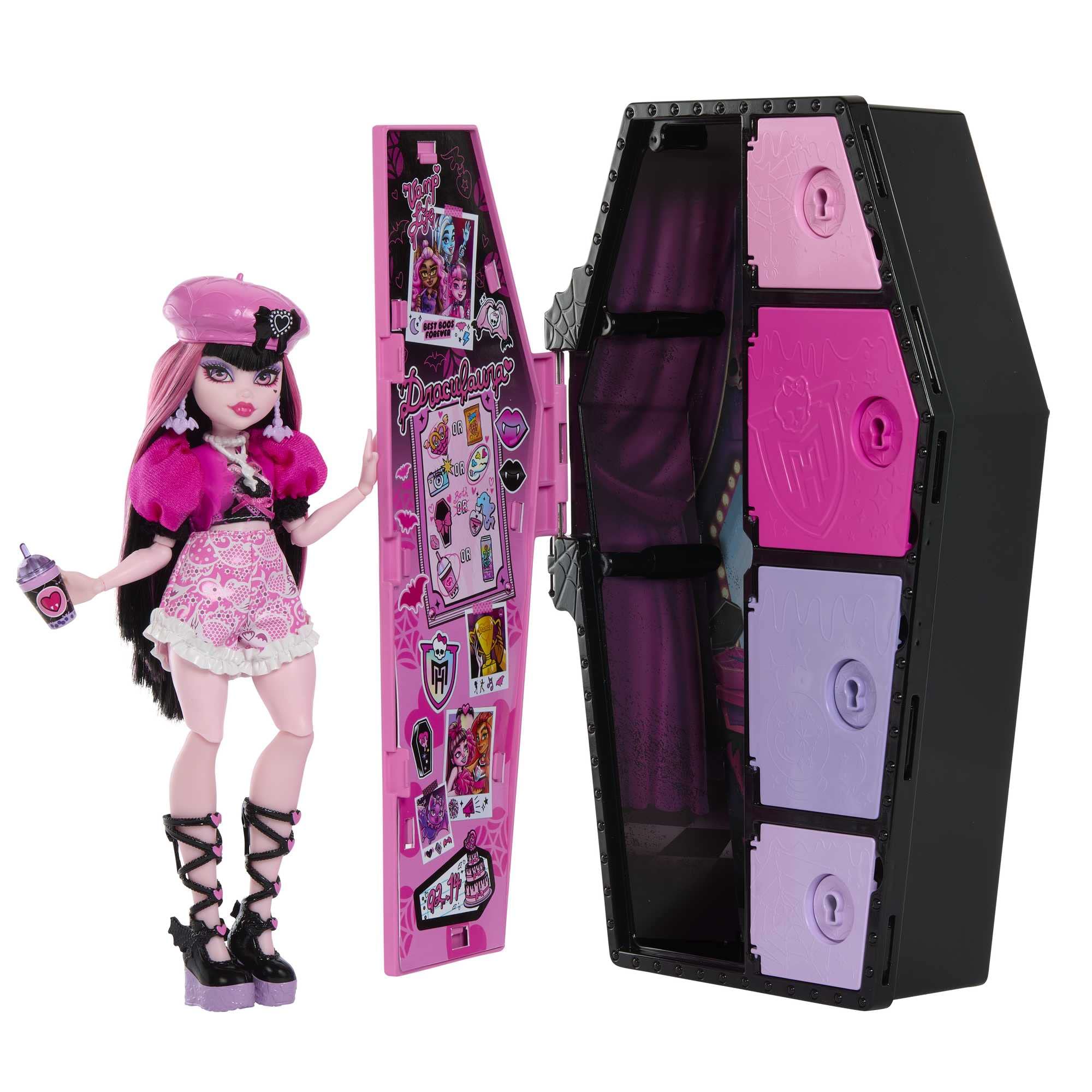 خرید از آمازون - Monster High Doll and Fashion Set, Draculaura with Dress-Up Locker and 19+ Surprises, Skulltimate Secrets, HKY60