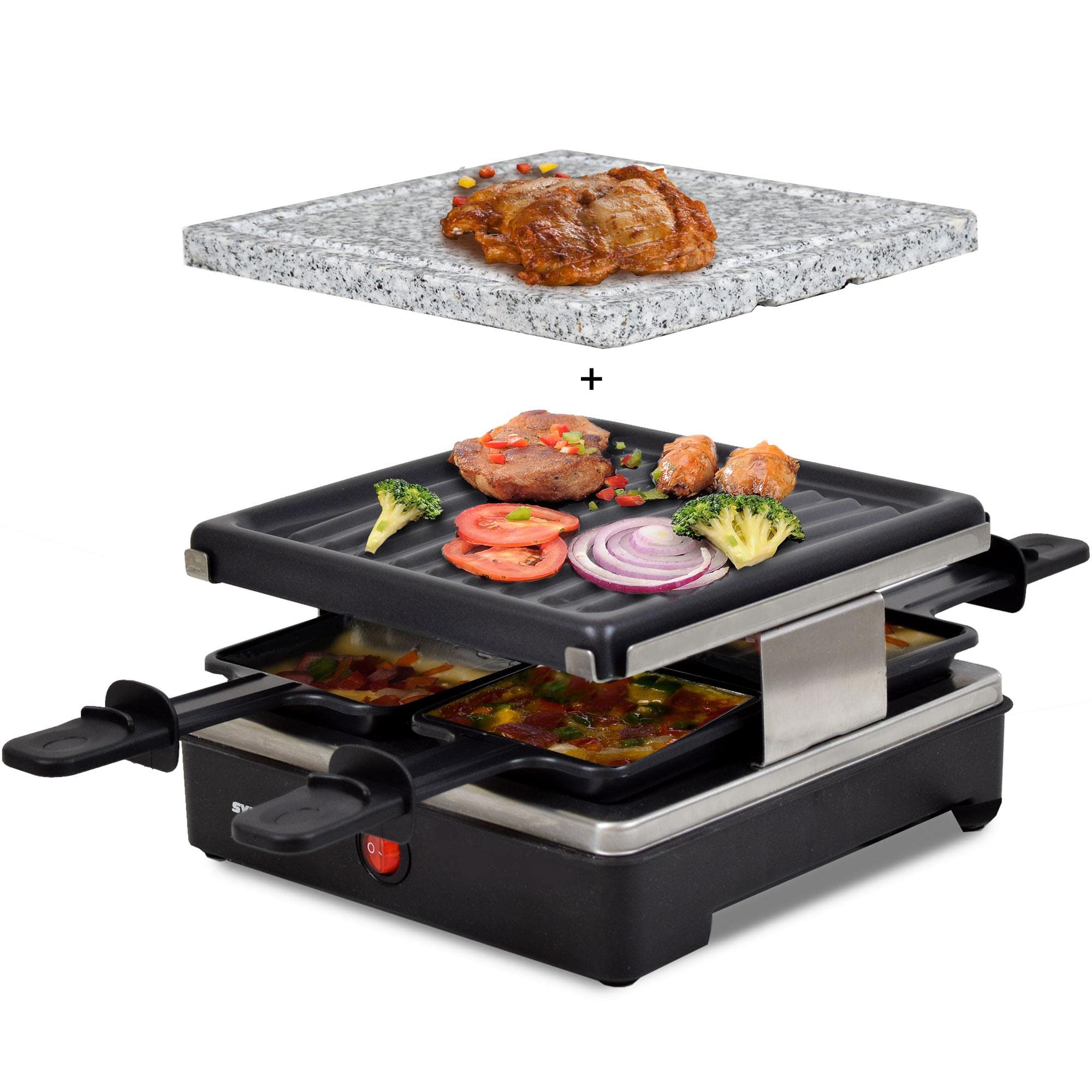 خرید از آمازون - Syntrox Germany RAC-600W-Brienz Raclette با صفحه گریل با روکش نچسب و صفحه سنگ طبیعی (سنگ داغ)