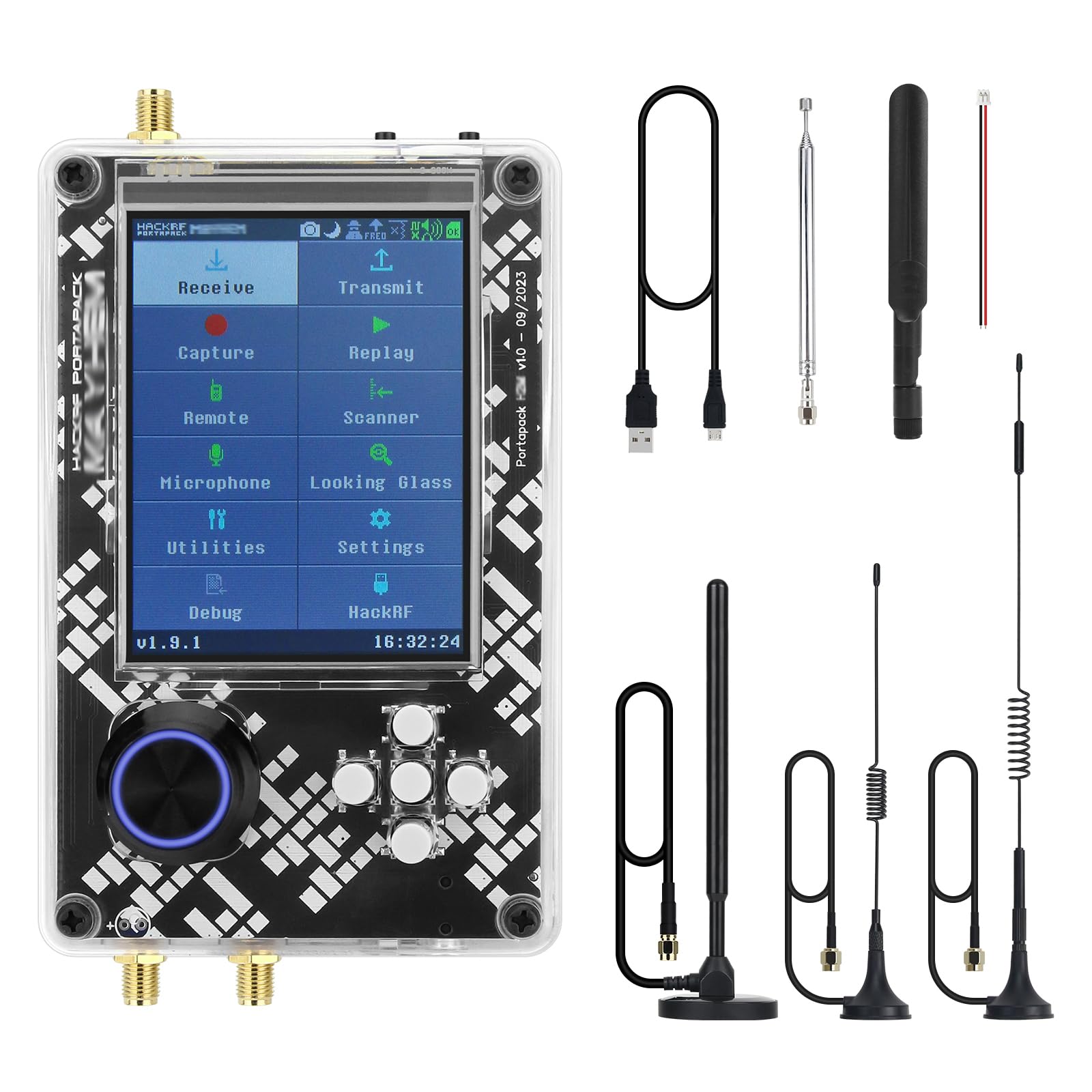 رادیو Hamgeek HackRF One R9 V2.0.0 SDR و PortaPackH2M شامل 5 آنتن و کابل USB، میزبان روی پوسته پلاستیکی (H2M)، USB، آنتن