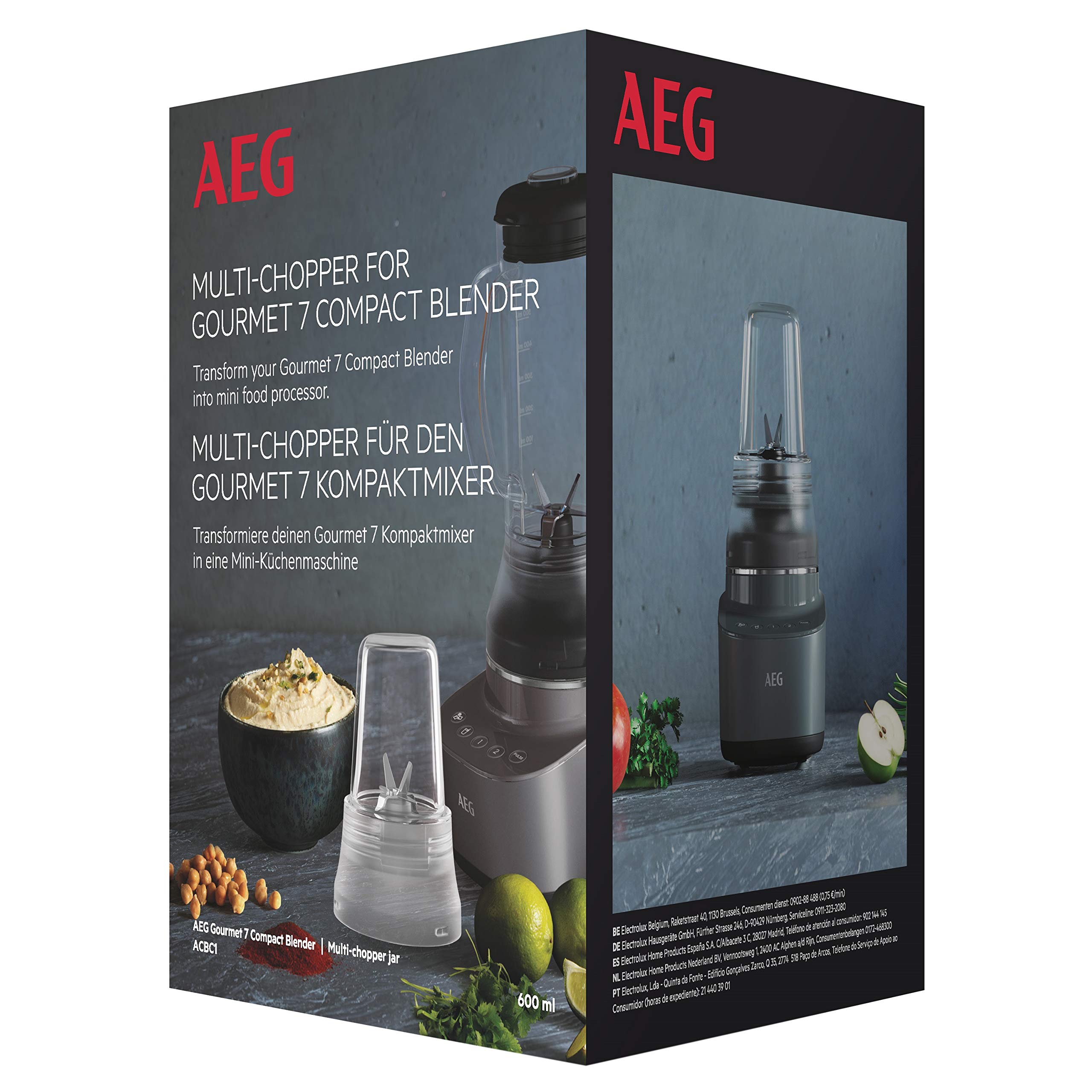 خردکن AEG ACBC1 (خردکن چندکاره برای مخلوط‌کن‌های جمع‌وجور Gourmet 7، خرد کردن آسان سبزیجات، میوه‌ها، آجیل و موارد دیگر، جهانی، تمیز کردن آسان، قابل شستشو در ماشین ظرفشویی، مشکی)