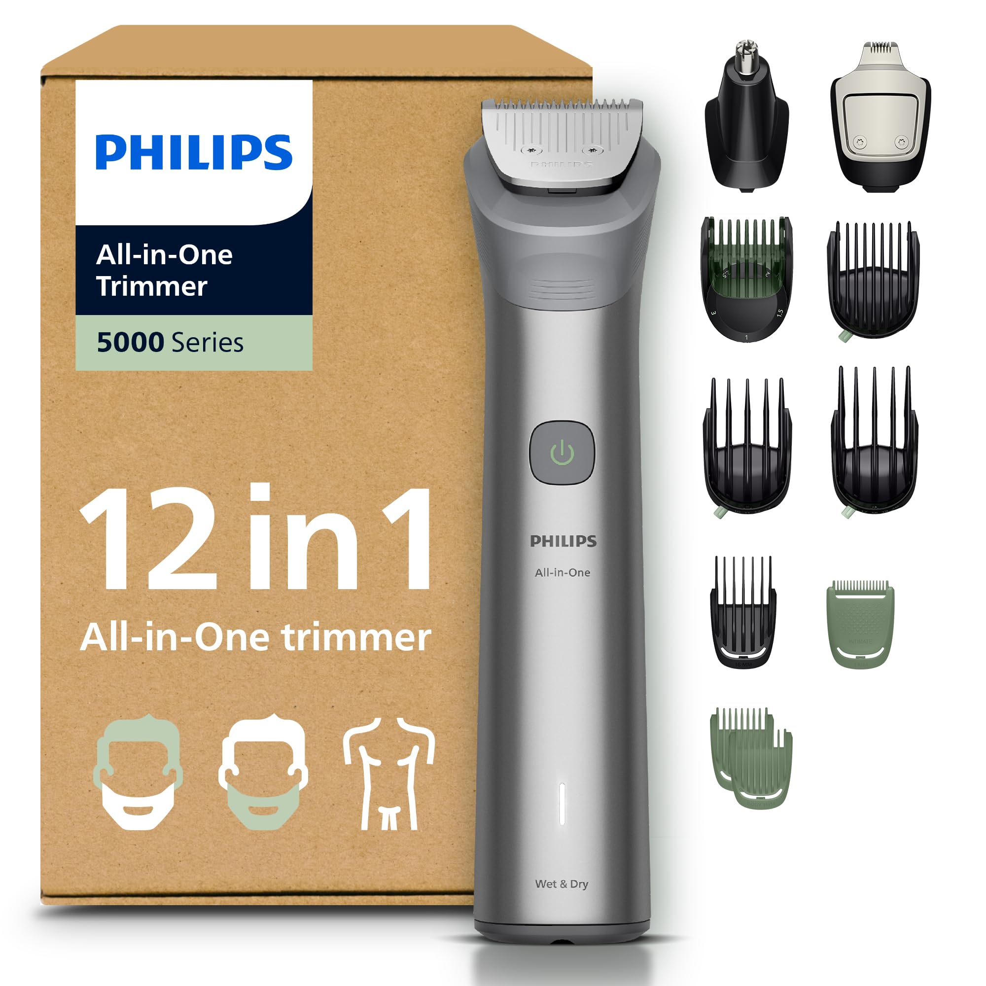 ماشین اصلاح ریش و موی فیلیپس سری Multigroom 5000، همه کاره، 12 تکه، مناسب برای صورت، سر و بدن، تیغه‌های فلزی خود تیز شونده، 20 حالت تنظیم طول (0.5-20 میلی‌متر)، مدل MG5952/30 [جدید] 12 در 1 MG5000، 20 حالت تنظیم طول