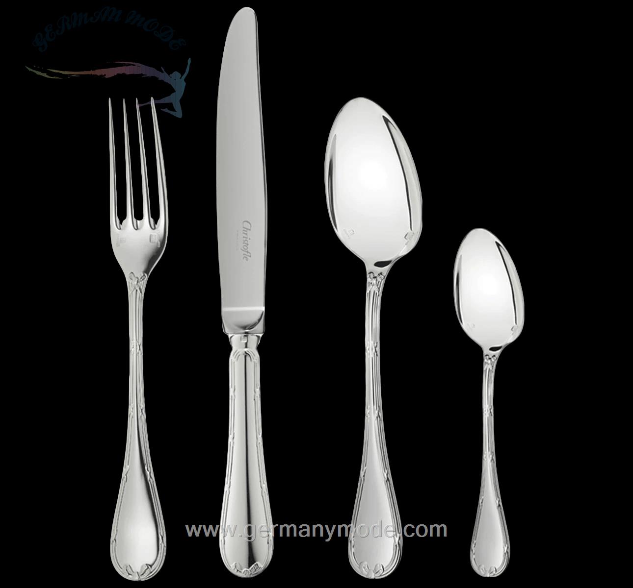 سرویس قاشق چنگال 24 پارچه با روکش نقره کریستوفل فرانسه CHRISTOFLE 24-Piece Silver-Plated Flatware Set with Free Chest