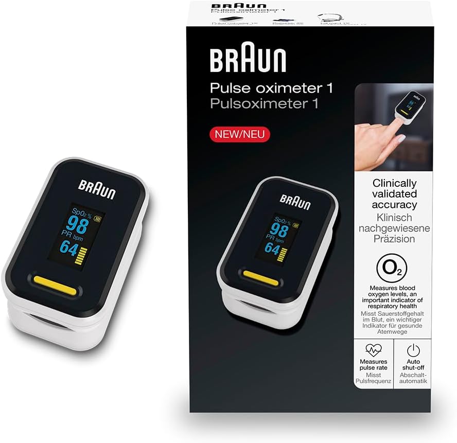 پالس اکسیمتر براون آلمان 1 Braun مانیتور انگشتی دقیق اکسیژن خون - دارای اعتبار بالینی - استفاده آسان در خانه - برای مبتلایان به COPD پنومونی آپنه خواب عالی برای ورزشکاران YK-81CEU